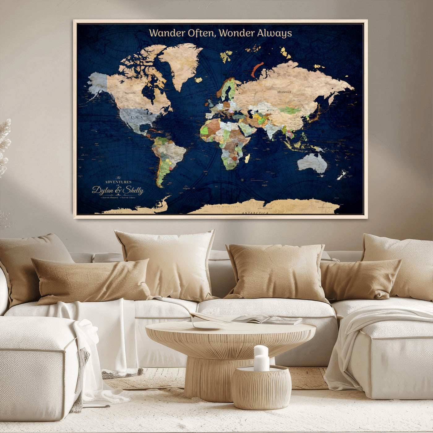 Rehber01-MGV-CV-36X24-Personalized World Map Canvas – Custom Framed Push Pin Travel Map Wall Art, Navy Blue Vintage Gift for Couples and Adventurers