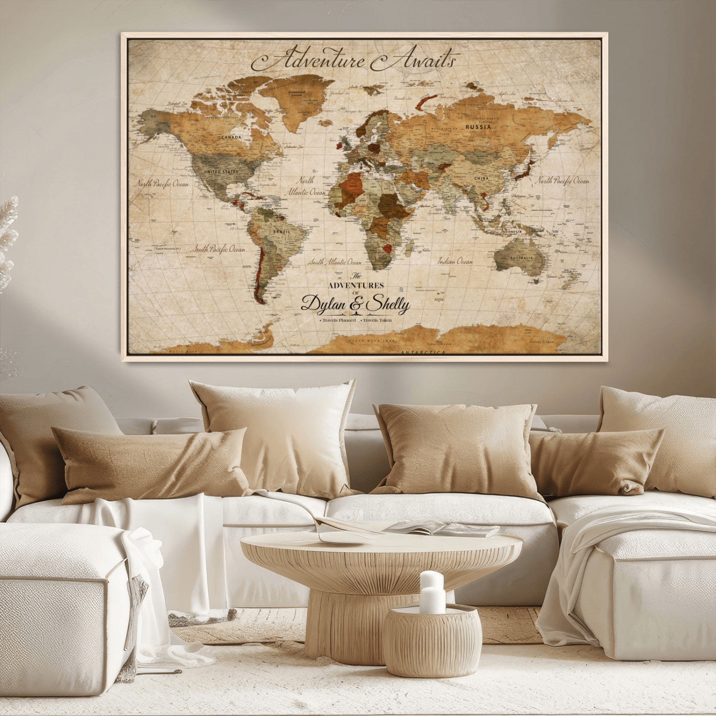 -Personalized Push Pin World Map Canvas Print – Custom Adventure Travel Map, Framed Wall Art Gift for Couples or Family