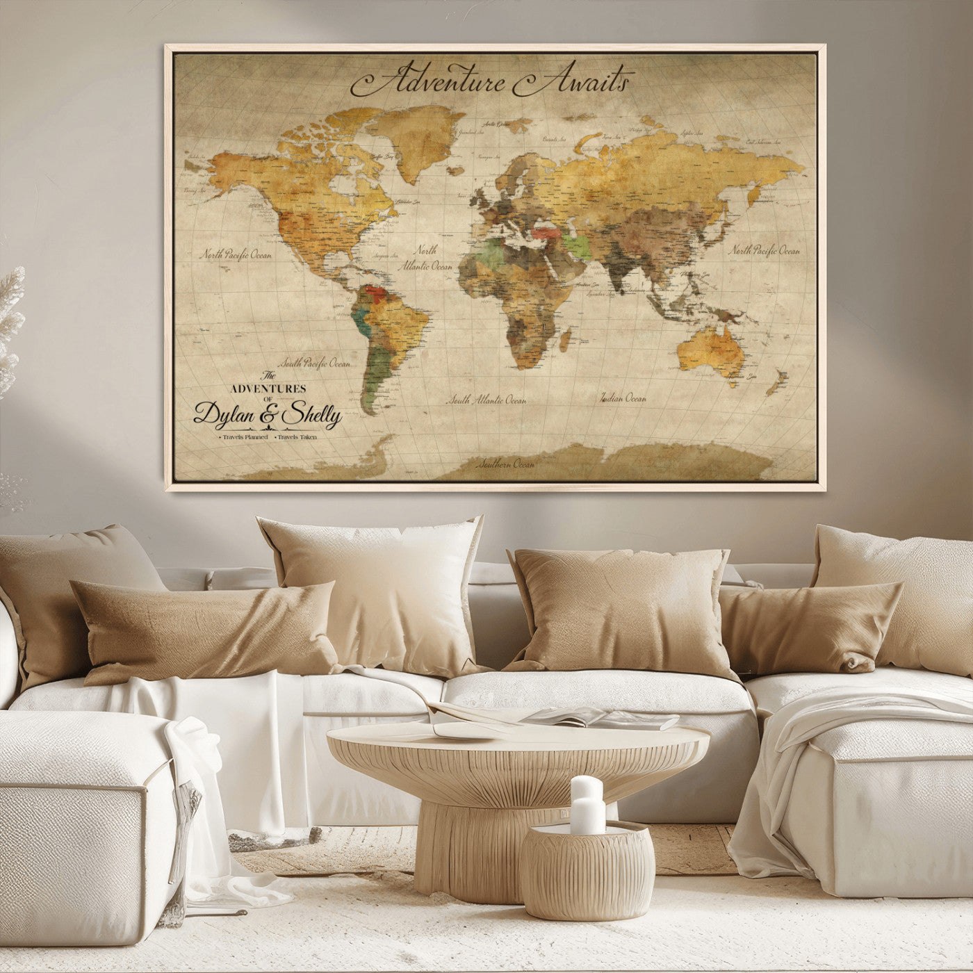 Rehber01-MGV-CV-36X24-Personalized World Map Canvas – Custom Framed Push Pin Travel Map Wall Art, Rustic Vintage Gift for Couples and Travel Lovers
