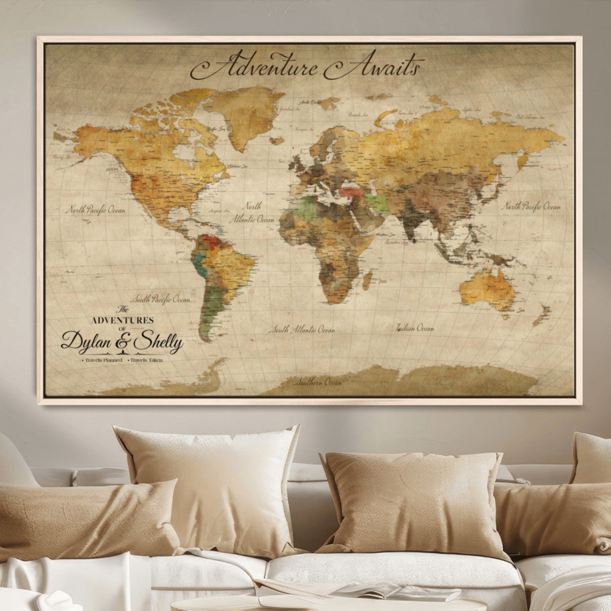 50298017-MGV-CV-36X24-Personalized World Map Canvas – Custom Framed Push Pin Travel Map Wall Art, Vintage Style Gift for Couples and Travelers