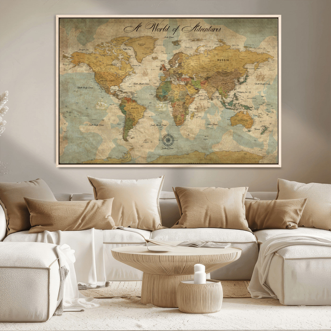Rehber01-MGV-CV-36X24-Personalized World Map Canvas – Custom Framed Push Pin Travel Map Wall Art, Vintage Style Gift for Couples or Families