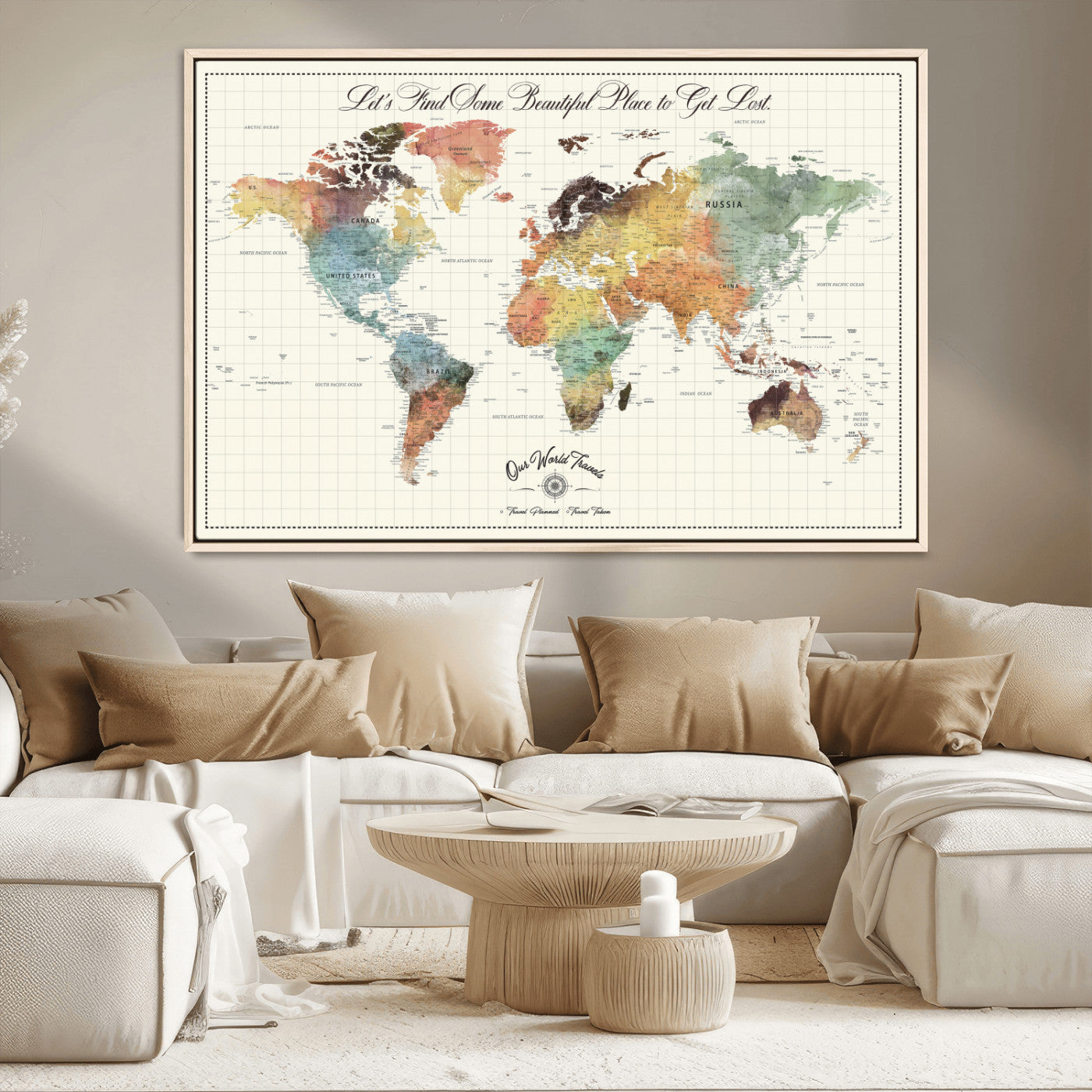 -Personalized Push Pin World Map Canvas Print – Custom Adventure Travel Tracker Map, Framed Wall Art Gift for Couples or Family