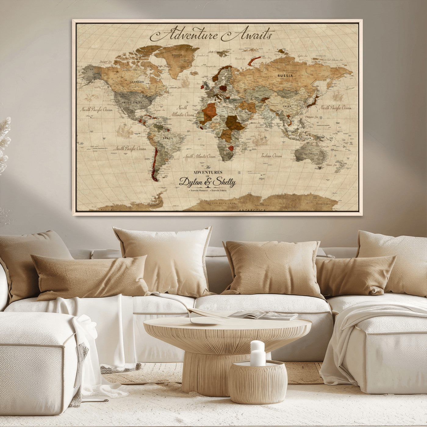 Rehber01-MGV-CV-36X24-Personalized World Map Canvas – Custom Framed Push Pin Travel Map Wall Art with Names, Vintage Style Gift for Couples