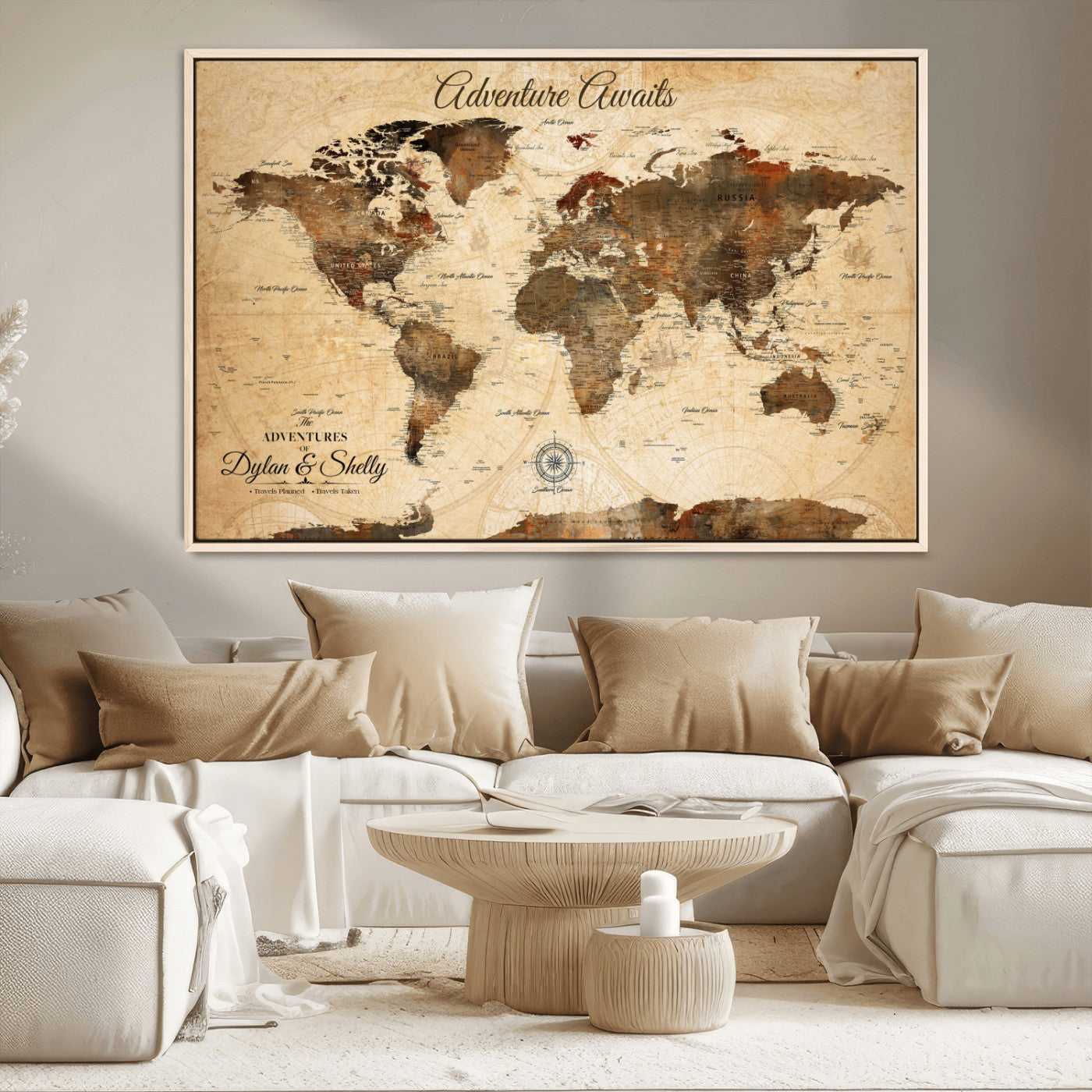 Rehber01-MGV-CV-36X24-Personalized World Map Canvas Wall Art – Custom Framed Push Pin Travel Tracker Print, Unique Gift for Home or Office Decor