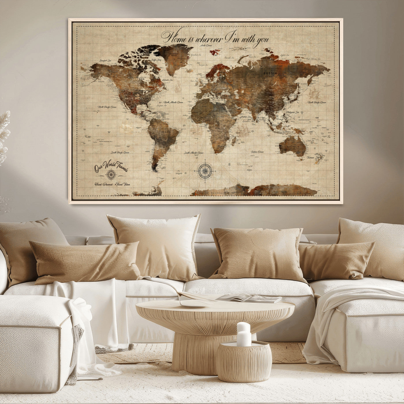 Rehber01-MGV-CV-36X24-Personalized World Map Print, Customizable Push Pin Framed World Map Print on Canvas - Custom Quote