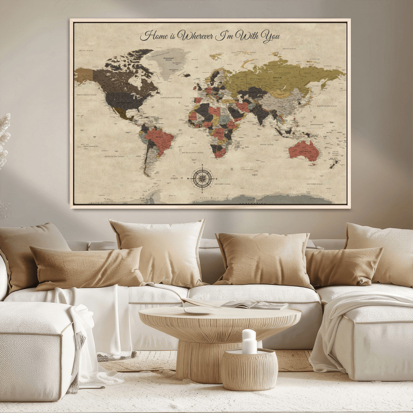 -Personalized World Map Wall Art Canvas Print – Customizable Push Pin Framed Travel Map Artwork for Home Office