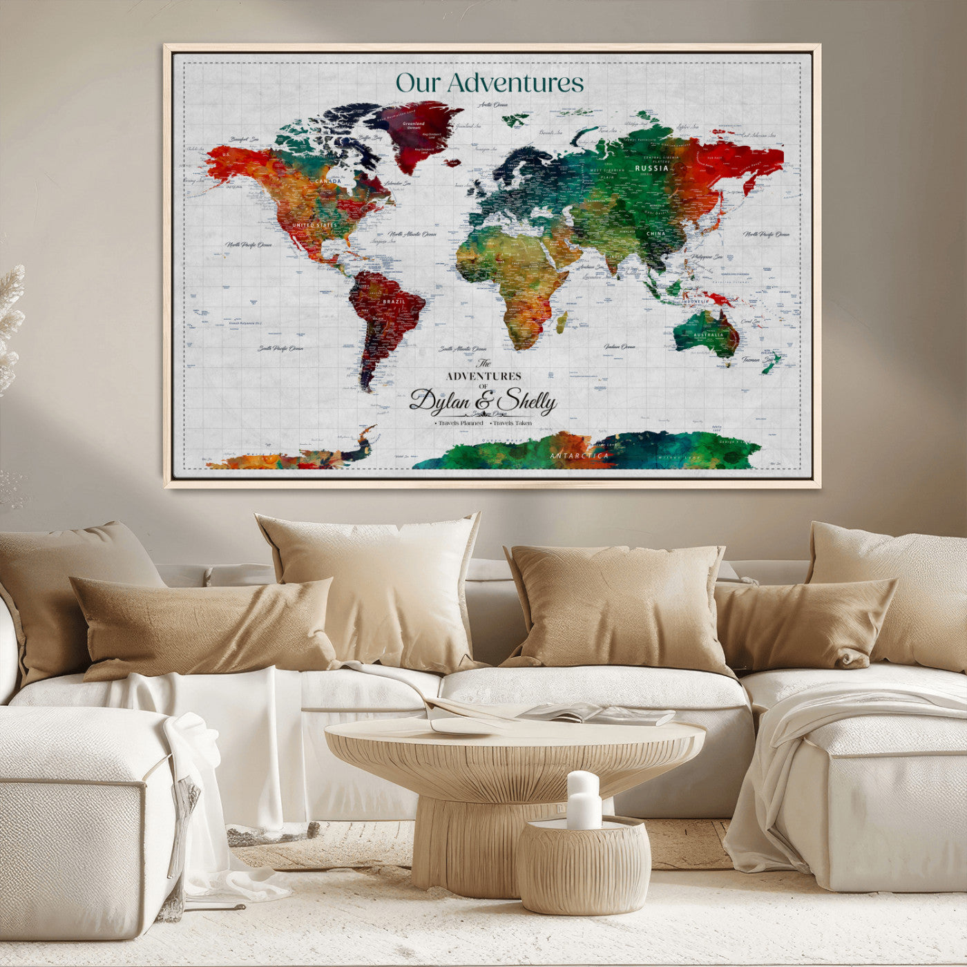Rehber01-MGV-CV-36X24-Personalized World Map Canvas Wall Art – Custom Framed Push Pin Travel Tracker Print, Unique Gift for Home or Office Decor