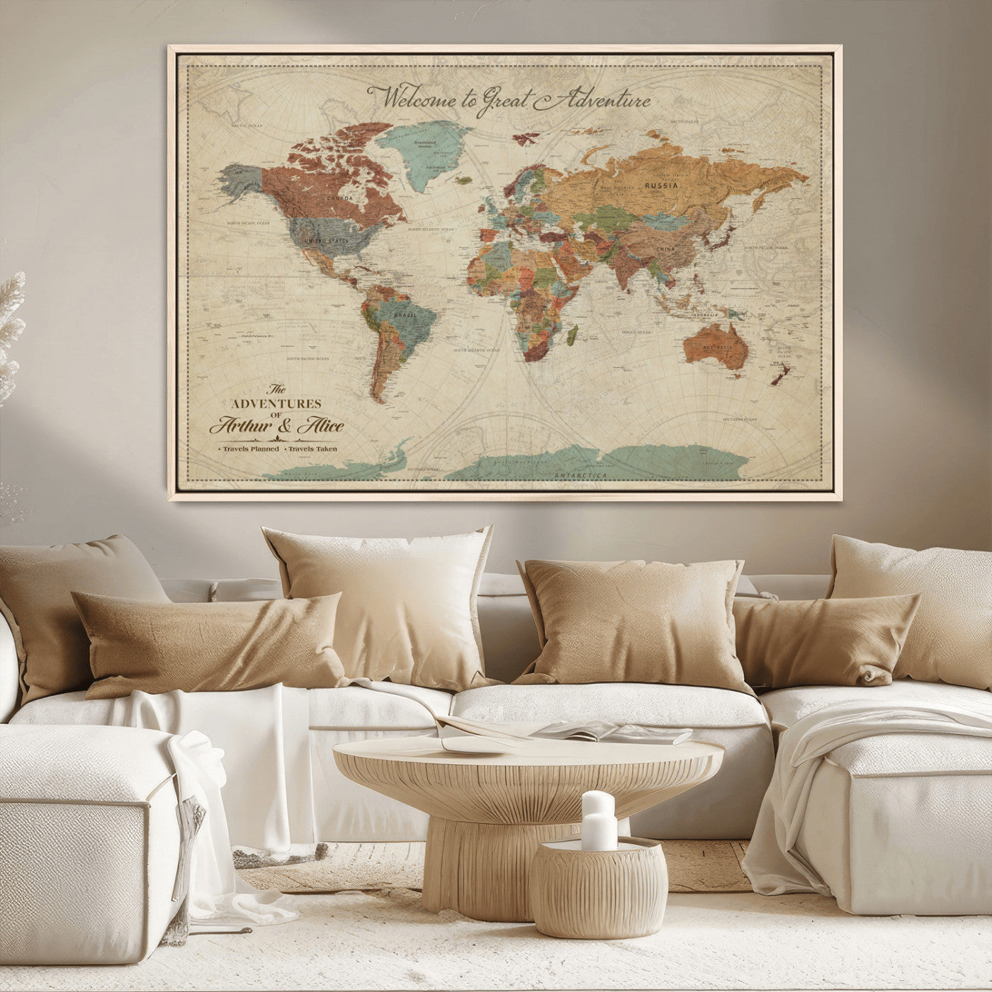 -Personalized World Map Canvas Wall Art – Custom Framed Push Pin Travel Tracker Print, Unique Gift for Home or Office Decor
