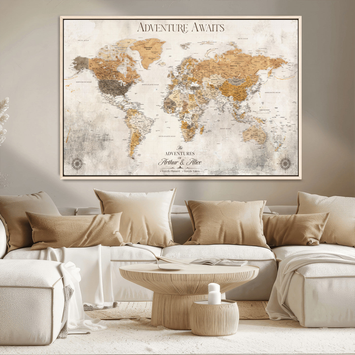 Rehber01-MGV-CV-36X24-Personalized World Map Canvas Print – Custom Push Pin Travel Map Vintage Neutral Style Gift for Couples Travelers for Home Office