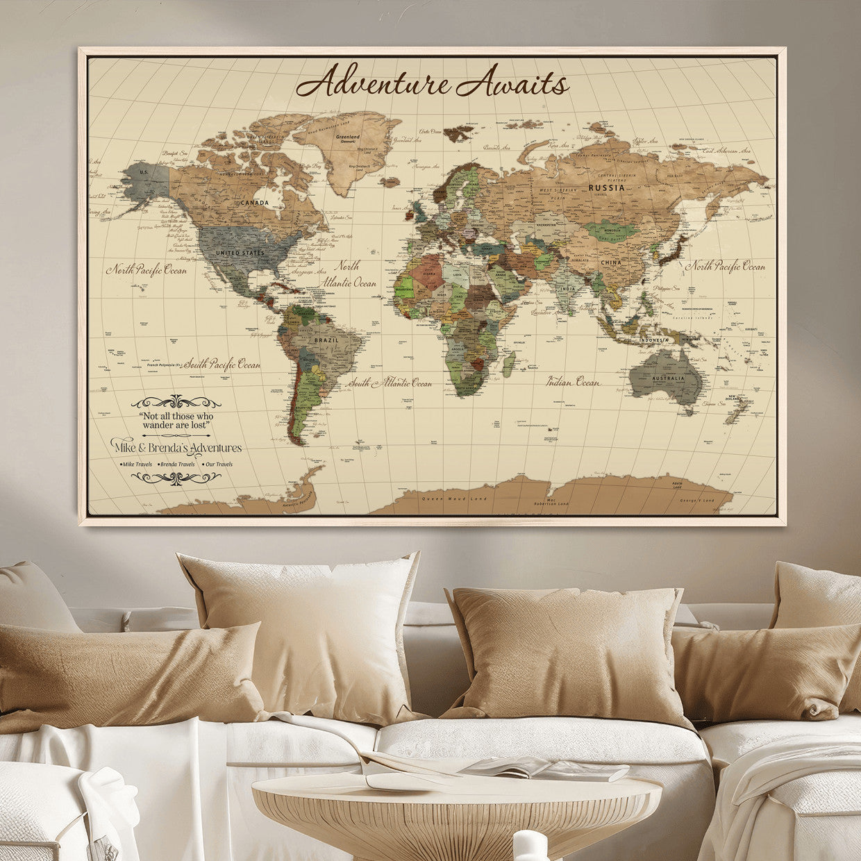 31875069-MGV-FC-36X24 - Customizable Push Pin World Map Wall Canvas Print – Personalize Travel Tracker with Pins – Framed Custom Quotie Canvas for Home Office Decor