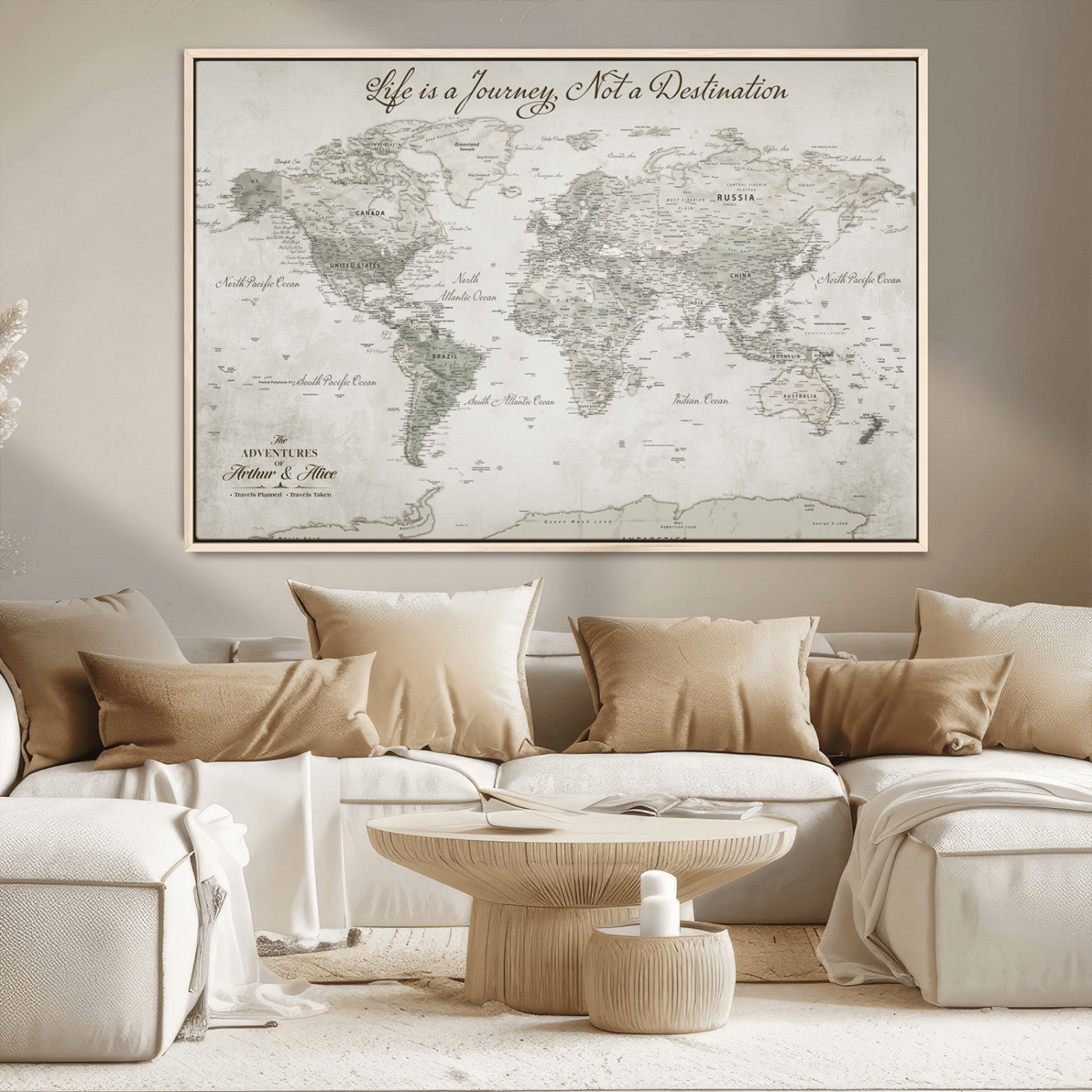 11398637-MGV-CV-36X24-Personalized Vintage World Map Canvas Print – Framed Push Pin Travel Tracker Neutral Elegant Artwork for Home, Office