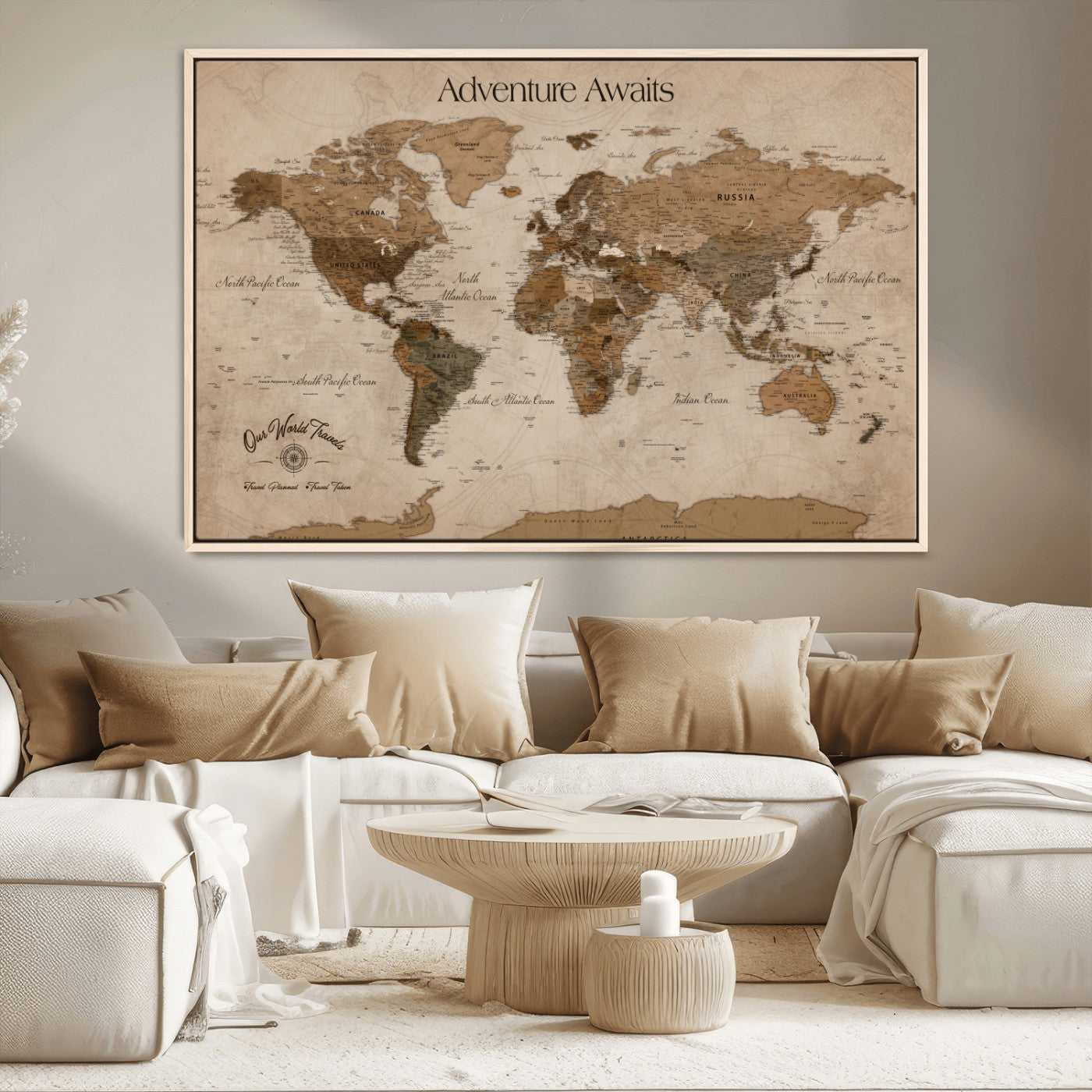 Rehber01-MGV-CV-36X24-Personalized Framed World Map Wall Art Canvas – Custom Push Pin Travel Map with 100 Pins Foam Backing for Home Office