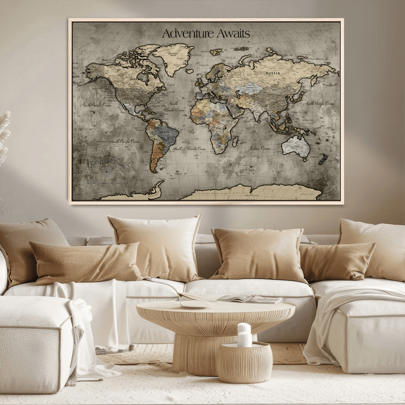 -Tree Rings Wall Art Canvas Print, Framed Wood Texture Art Picture Print, Blue Grain Perfect Rustic