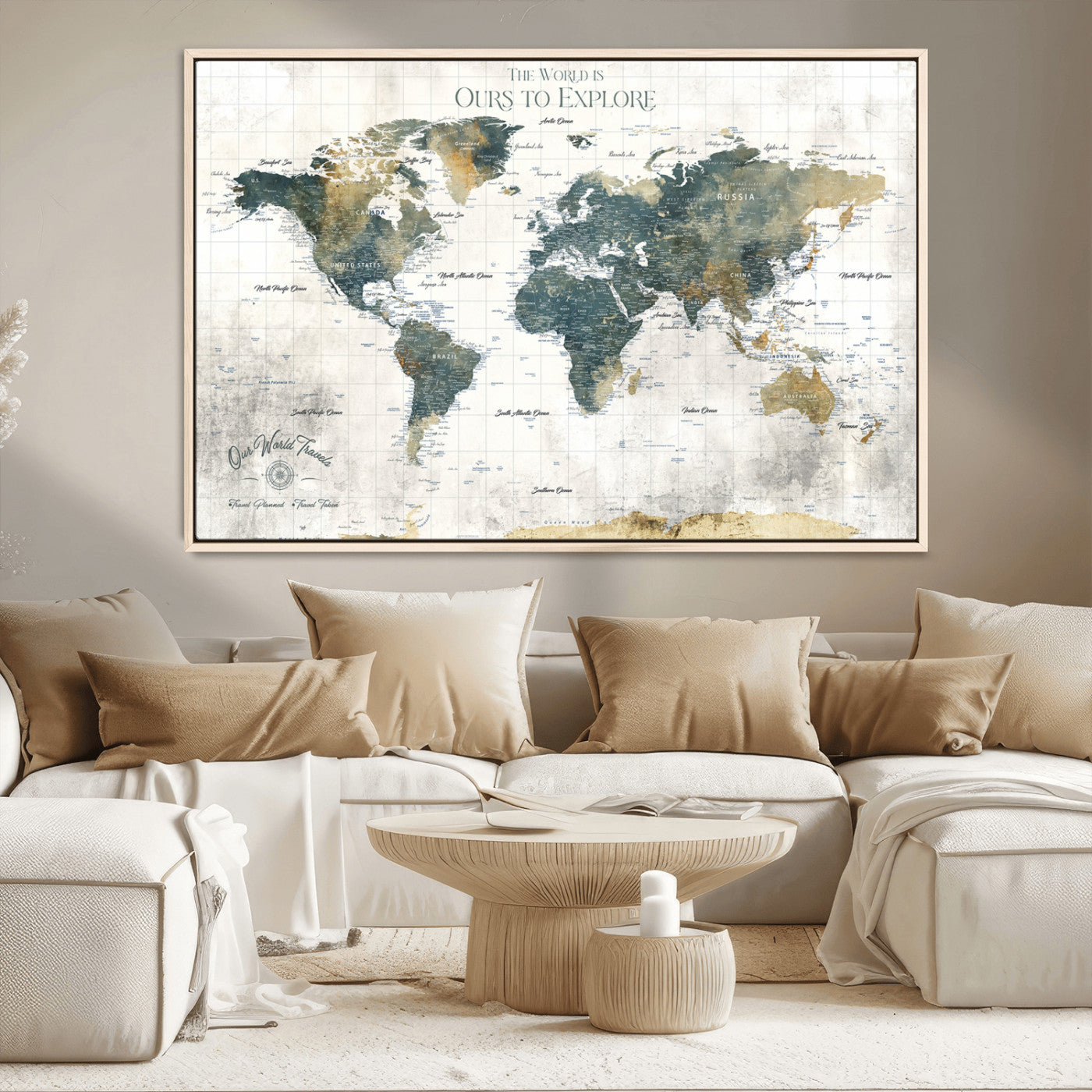 -Custom Push Pin World Map Wall Art Canvas Print – Adventure Travel Tracker Map with Pins Artwork for Home Office