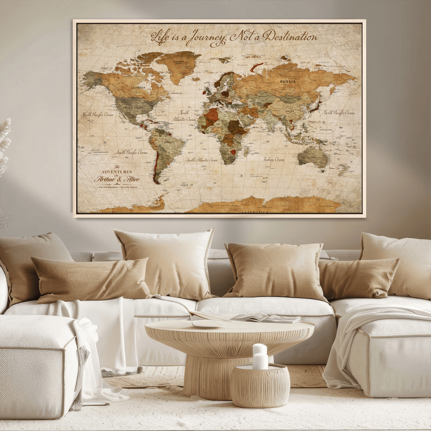 79036691-MGV-CV-36X24-Personalized World Map Canvas Wall Art – Custom Framed Push Pin Travel Tracker Print, Unique Gift for Home or Office Decor