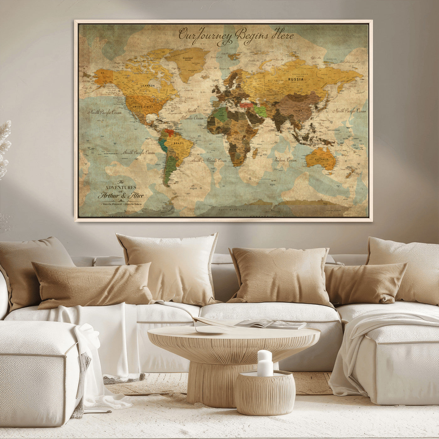 40572820-MGV-CV-36X24-Personalized World Map Canvas – Custom Framed Push Pin Travel Map Wall Art, Vintage Style Gift for Couples