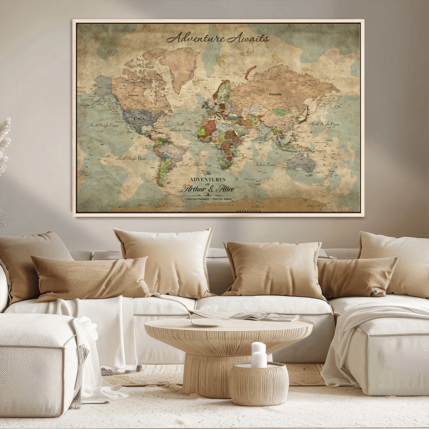 Rehber01-MGV-CV-36X24-Personalized Vintage World Map Canvas Print – Custom Push Pin Travel Map Antique Style Gift for Couples Travelers for Home Office
