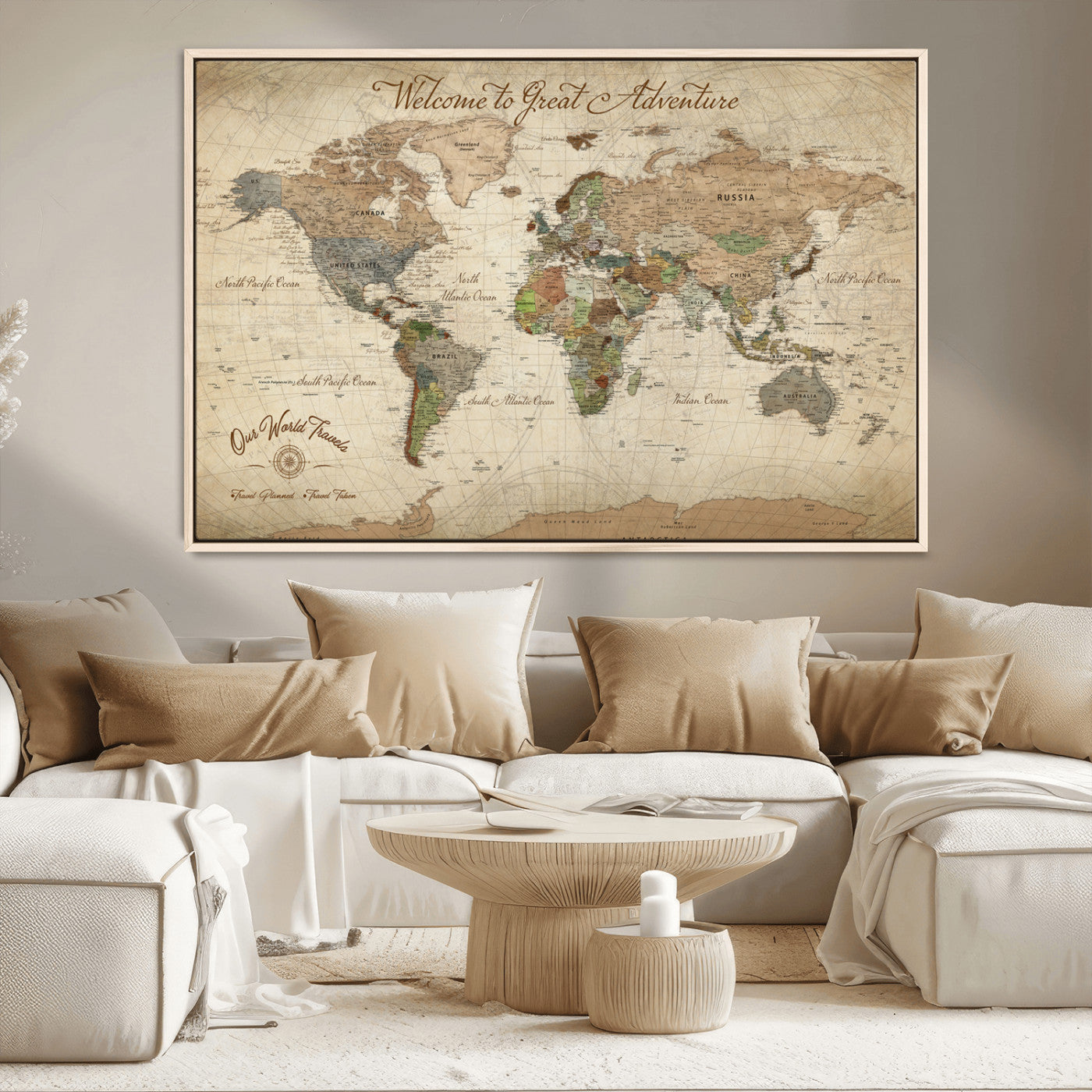 -Personalized Antique World Map Canvas Print – Custom Push Pin Travel Tracker Vintage Adventure Gift for Couples for Home, Office