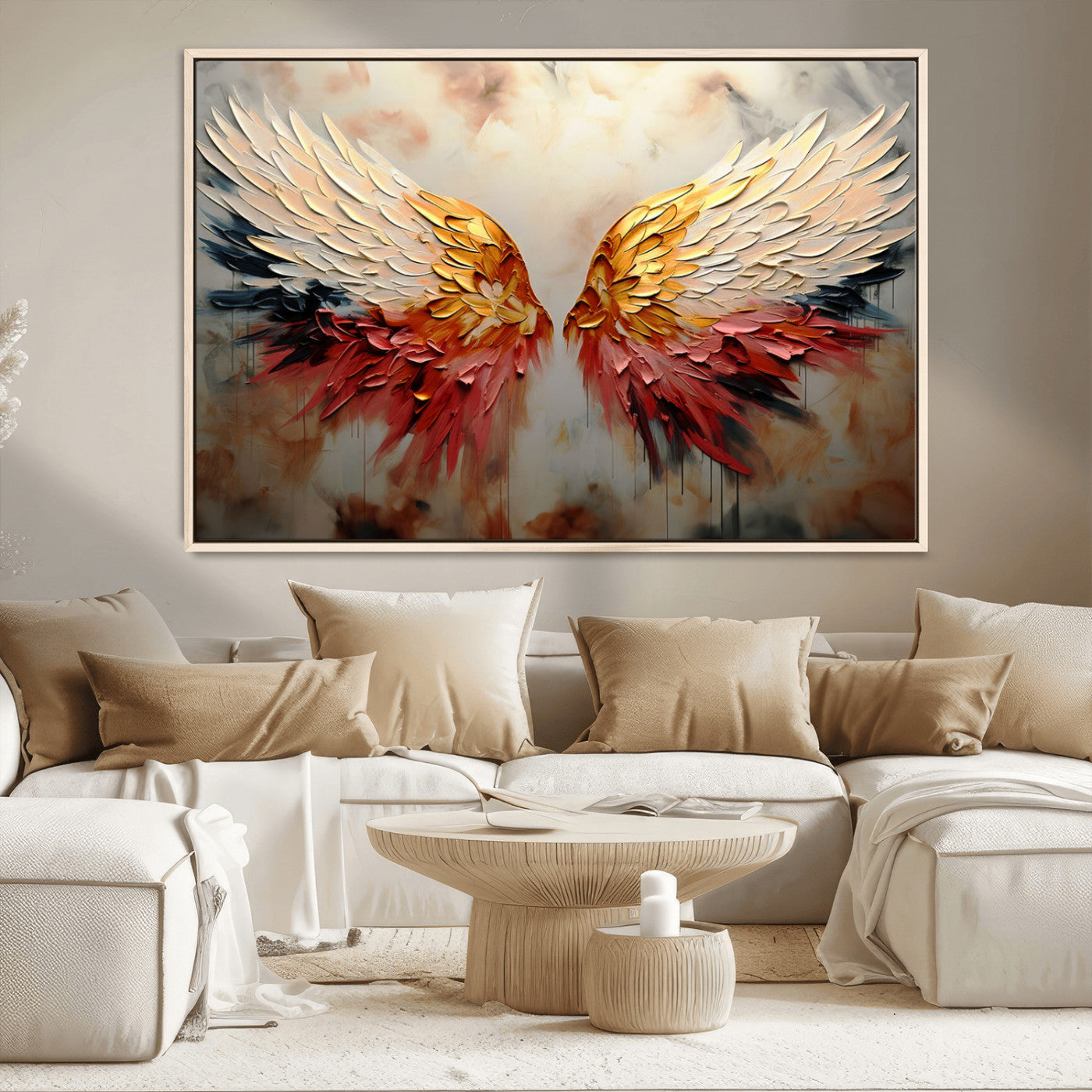 91020932-MGV-CV-36X24-Vibrant Angel Wings Wall Art Canvas Print – Gold Red Abstract Feathered Dreamy Spiritual Decor for Home, Office