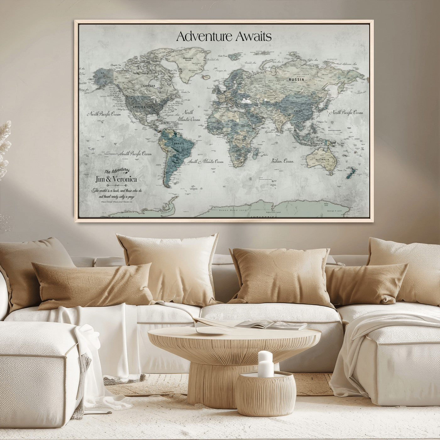 -Personalized Push Pin World Map Canvas Print – Custom Adventure Travel Map Framed Wall Art Gift for home, office
