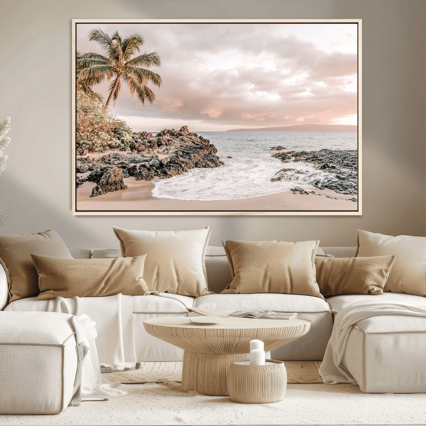 18005328-MGV-CV-36X24-Tropical Beach Wall Art Canvas Print – Palm Trees Rocky Shoreline Ocean Waves Sandy Coast Tranquil Sea Artwork for Home Office
