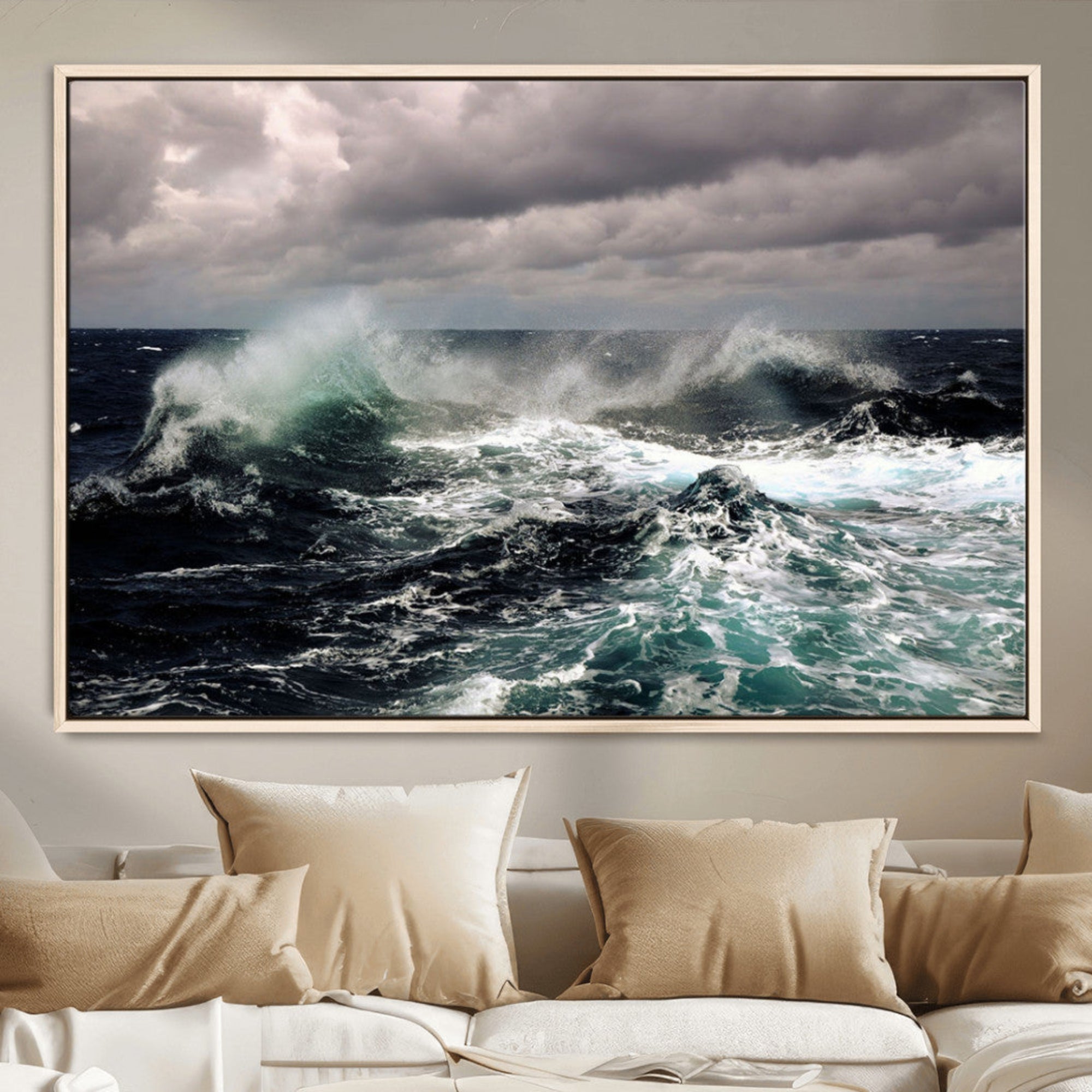 38622353-MGV-CV-36X24-Stormy Ocean Waves Canvas Wall Art – Framed Turbulent Sea Large Nature Artwork for Home, Office, Living Room
