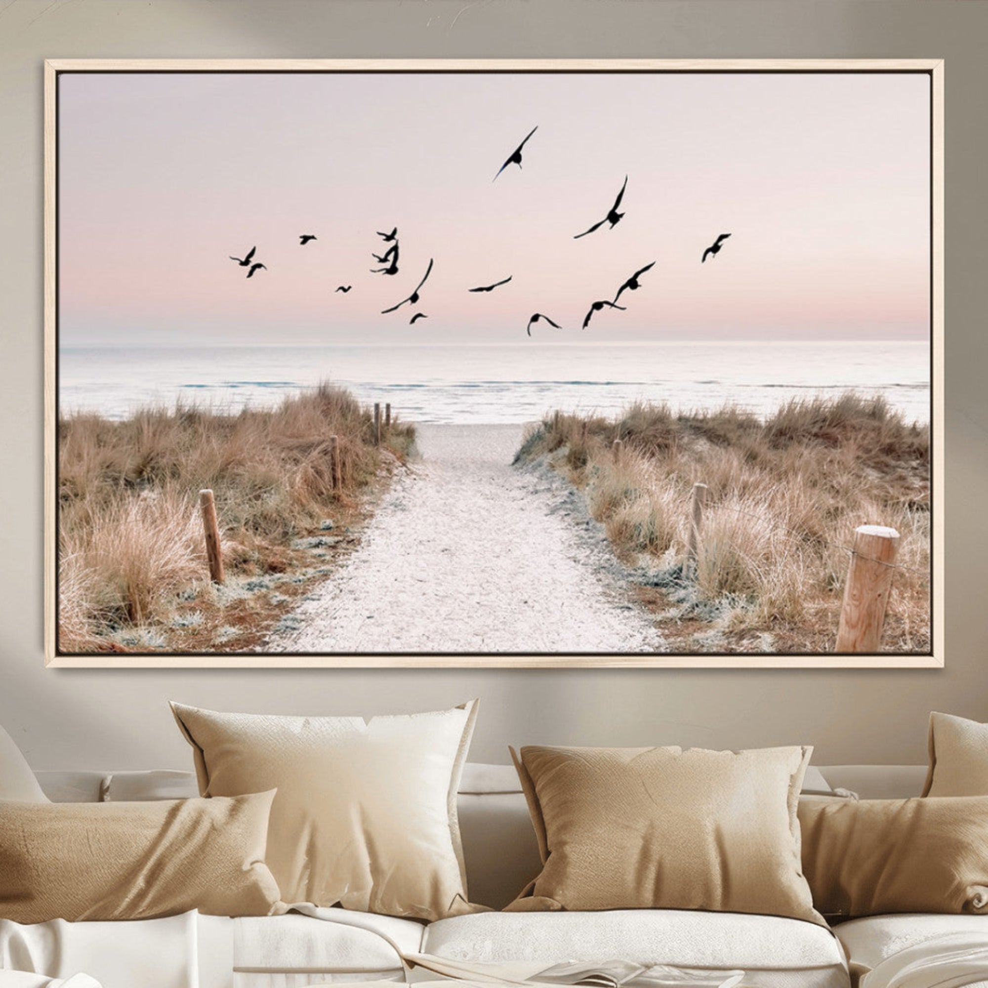 34632598-MGV-CV-36X24-Coastal Pathway Canvas Wall Art Print – Framed Seaside Landscape Decor Large Beach and Birds Artwork for Home Office