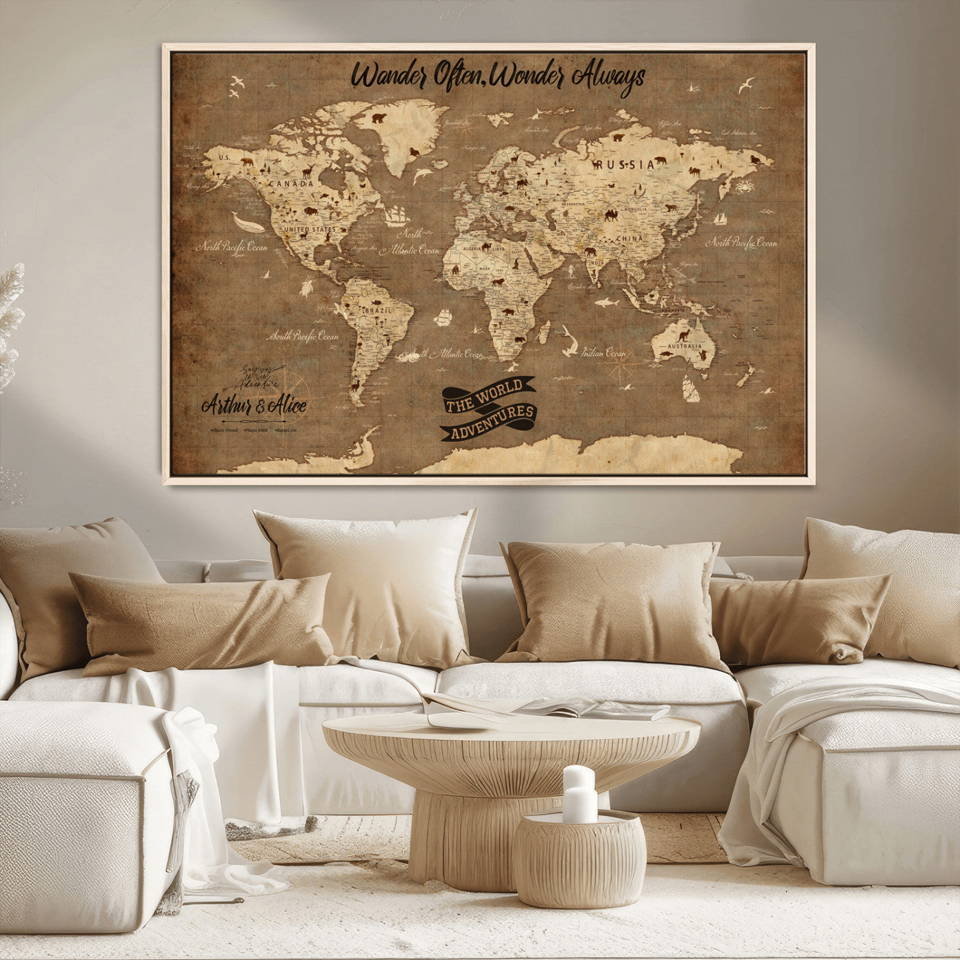 Rehber01-MGV-CV-36X24-Customize Push Pin World Map Wall Art Canvas Print – Personalized Kids Room Framed Map Adventure Travel for home, office