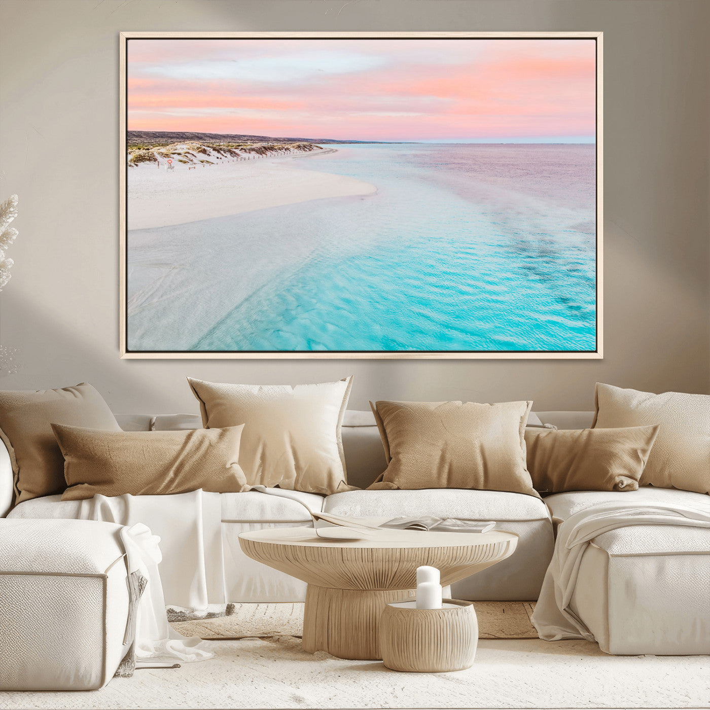 41613614-MGV-CV-36X24-Serene Pastel Beach Wall Art Canvas Print, Tranquil Coastal Sunset with Soft Ocean Hues Artwork for Home, Office