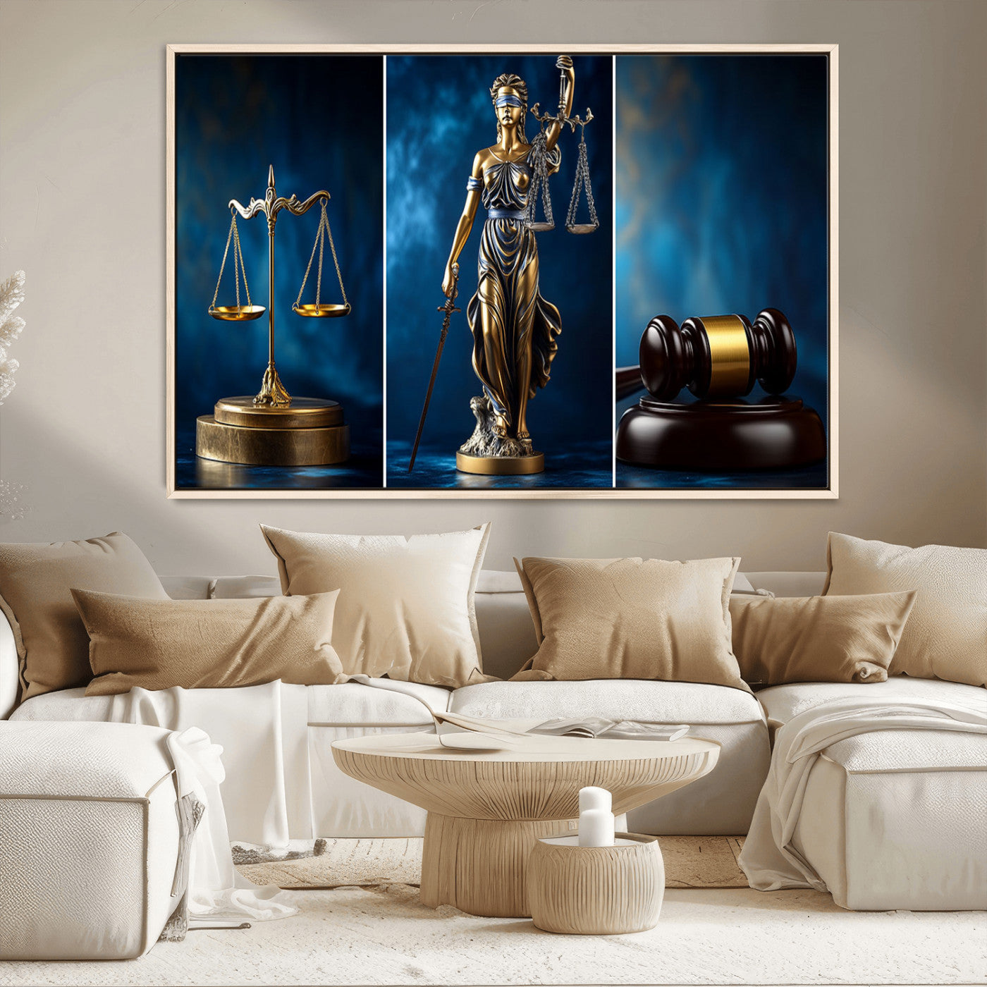 87750525-MGV-CV-36X24-Justice Scales Statue Wall Art, Lady Justice Sculpture Canvas Print, Legal Law Decor, Courtroom