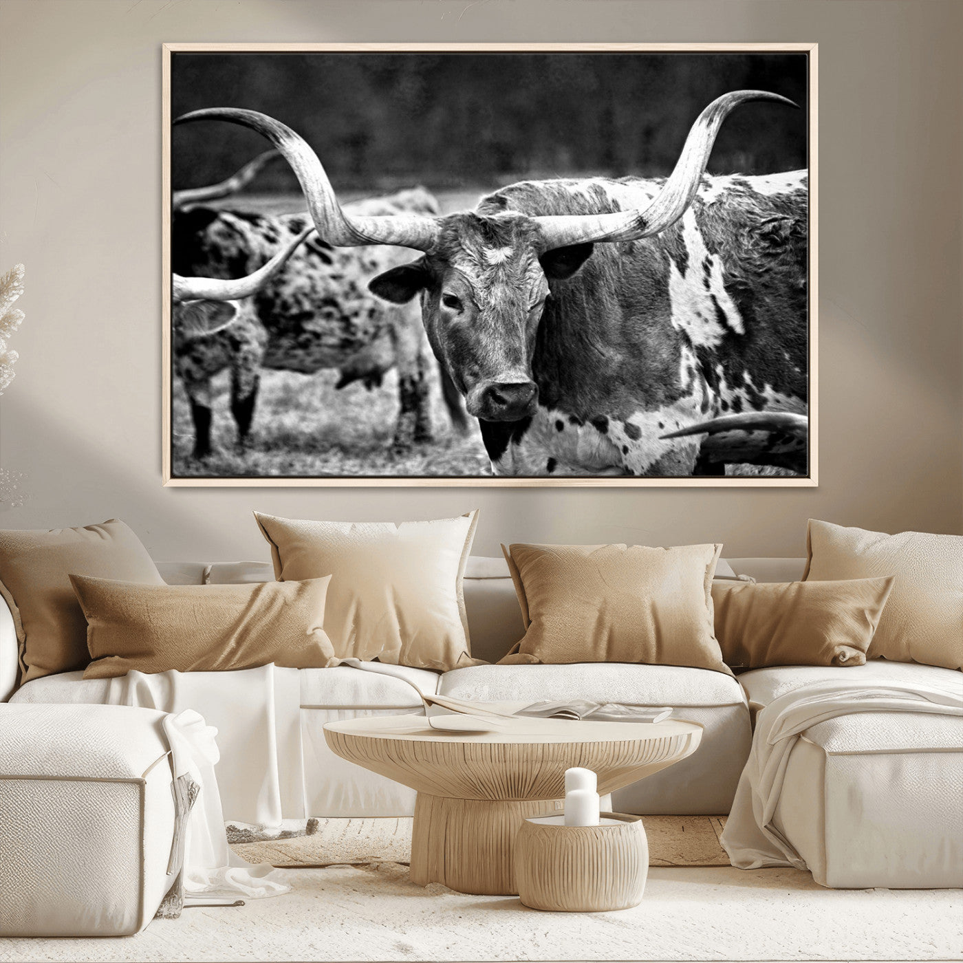 15425553-MGV-CV-36X24-Black & White Longhorn Cattle Wall Art, Rustic Farmhouse Decor, Western Country Canvas Print, Vintage Livestock Photography, 1 Panel Canvas