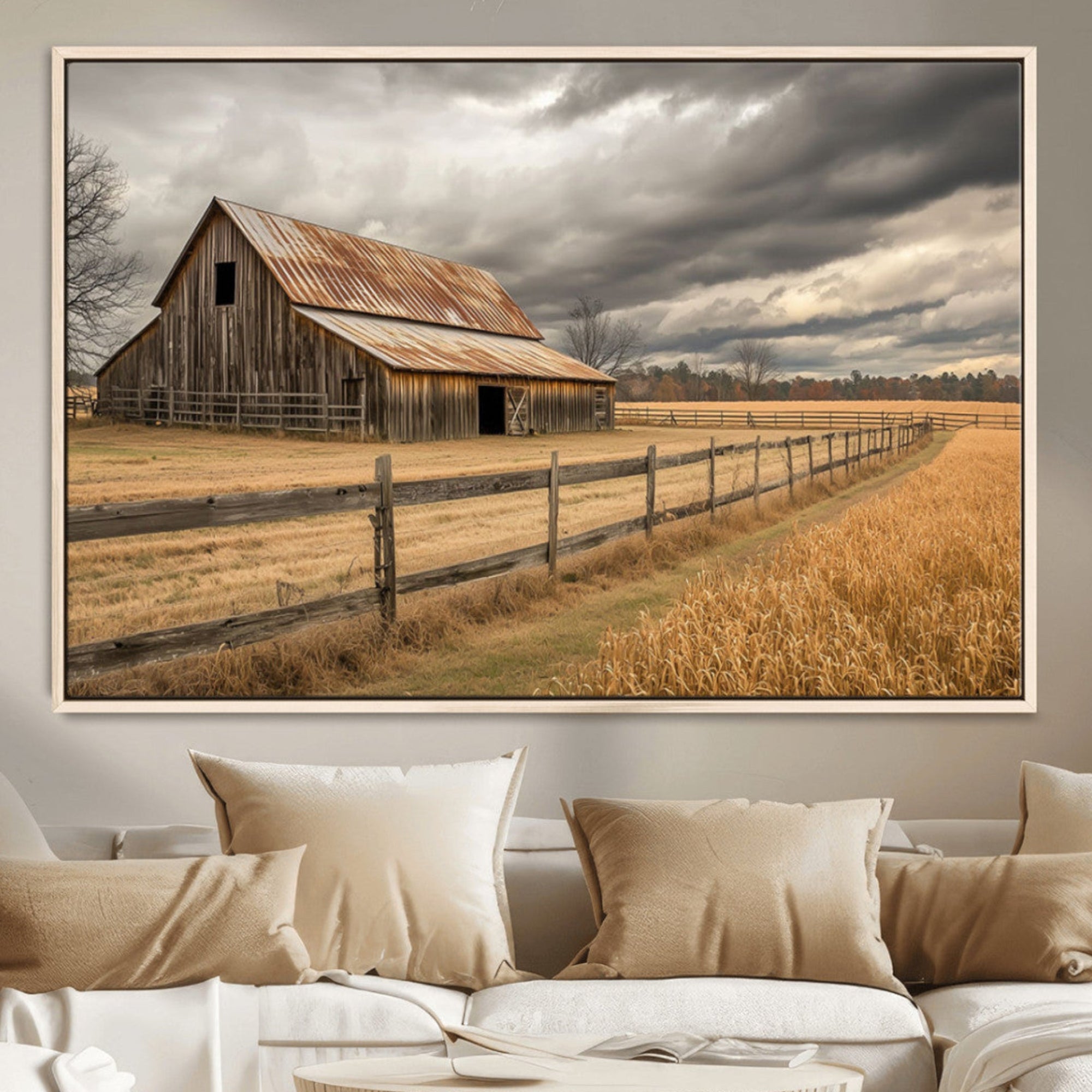 21991117-MGV-CV-36X24-Rustic Farm Barn Wall Art Canvas Print, Stormy Sky Country Landscape Artwork for Home, Office, Living Room