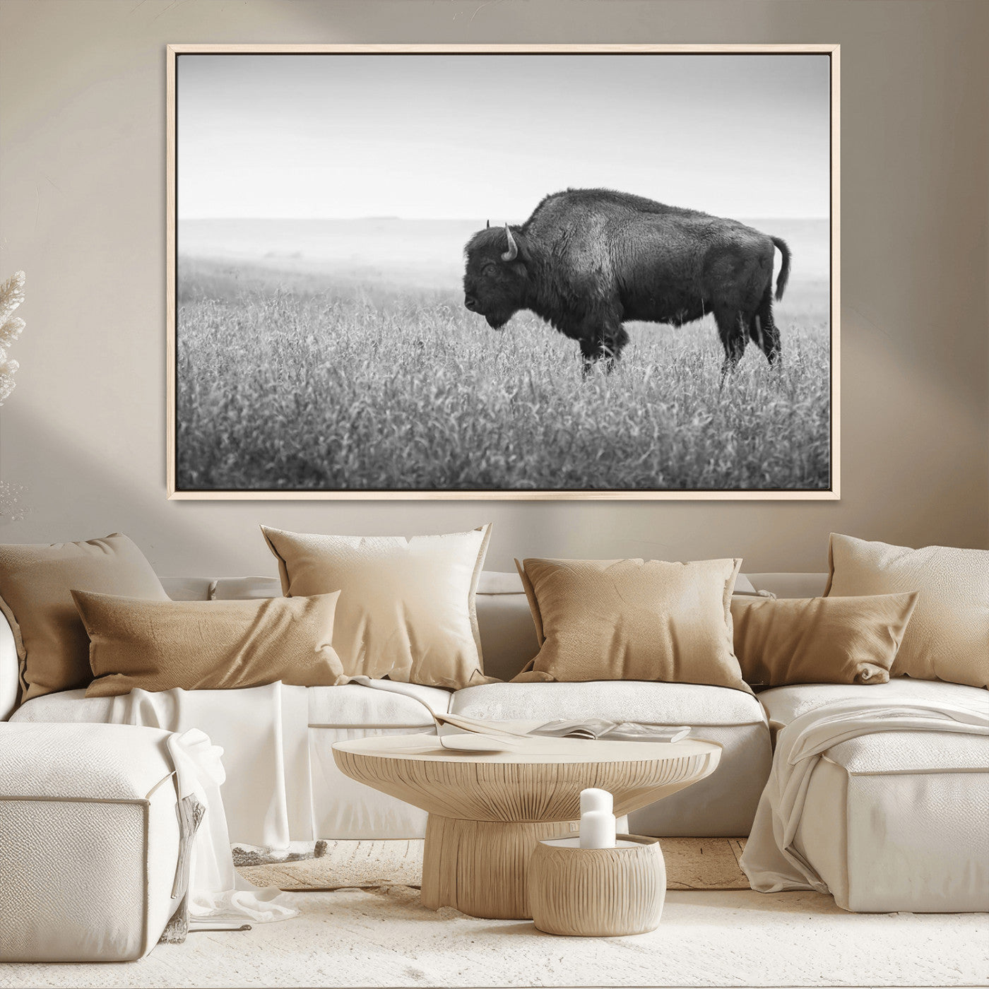 90861202-MGV-CV-36X24-Black and White Bison Canvas Wall Art, Rustic American Buffalo Print, Western Wildlife Photography for Home, Office