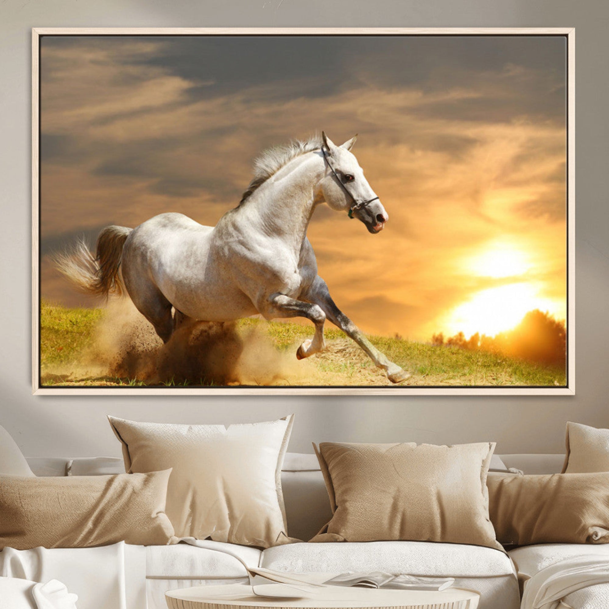 Powerful white horse galloping on a dusty field at sunset with a dramatic sky – Wall Art Canvas Print.