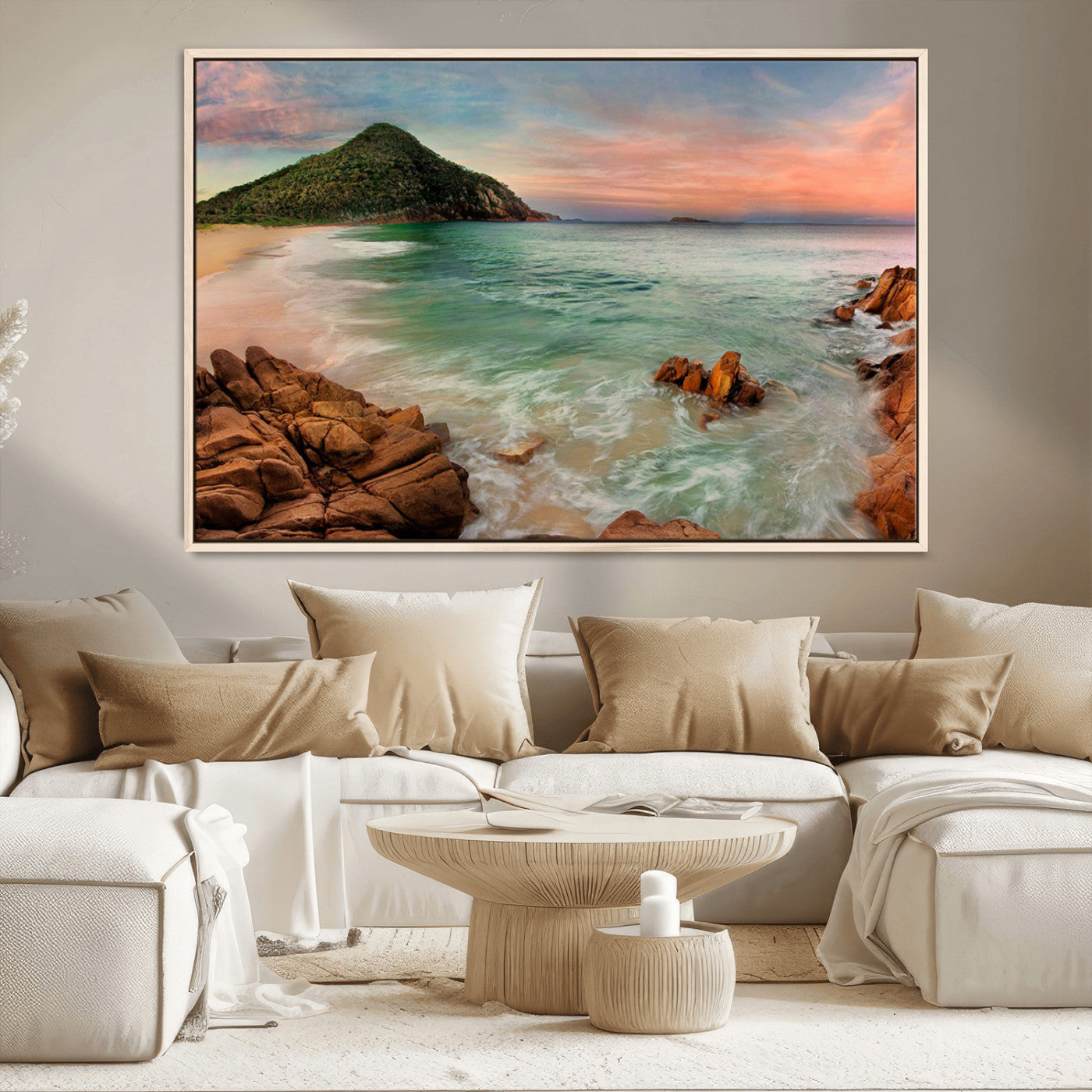 53831025-MGV-CV-36X24-Stunning Coastal Landscape with Rocky Shore and Green Hills at Sunset – Beautiful Ocean View Wall Art Canvas Print for Serene Home Decor.