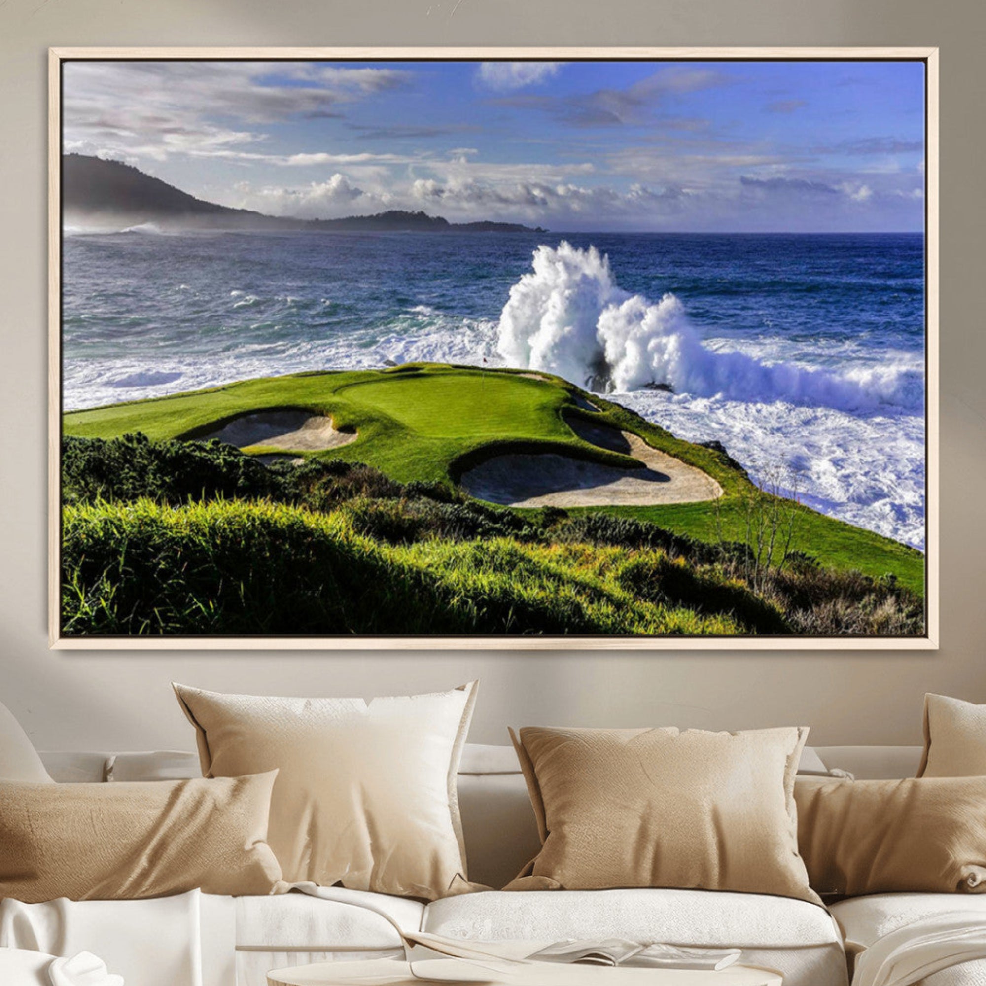 78508908-MGV-CV-36X24-Dramatic Ocean Waves Crash Against Rocky Coastline Beside Lush Green Golf Course Scenic Wall Art for Home, Office Decor