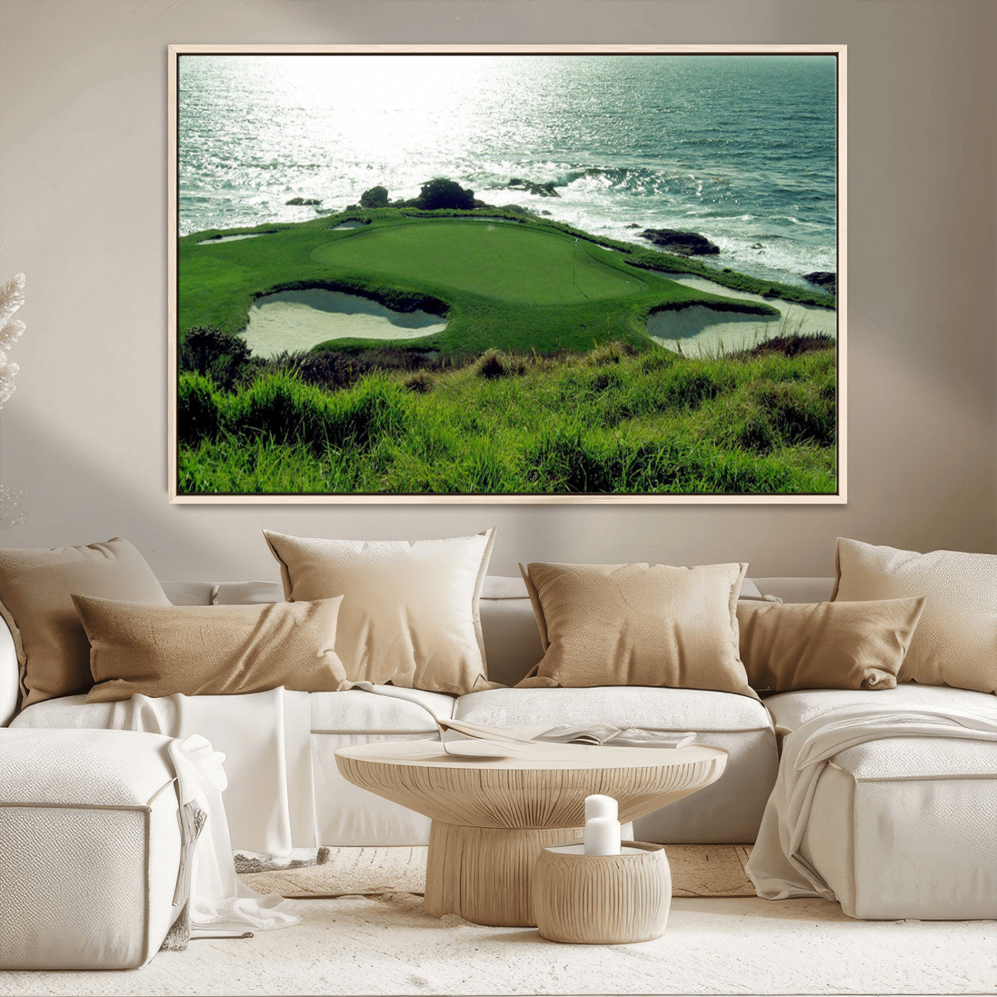 -Coastal Golf Course Wall Art Canvas Print – Scenic Green Surrounded by Sand Bunkers and Ocean Waves Artwork for Home, Office
