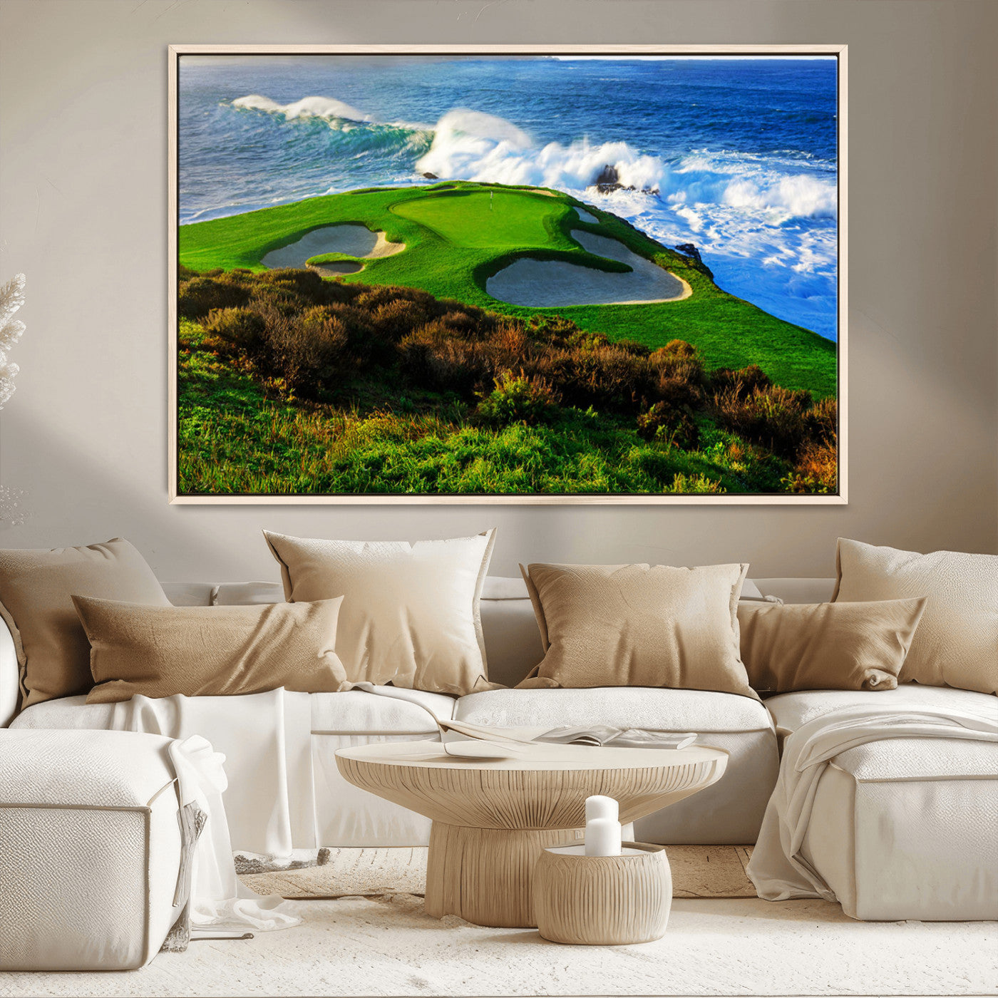 34181847-MGV-CV-36X24-Coastal Golf Course Wall Art Canvas Print – Vibrant Green with Sand Bunkers Overlooking Ocean Waves Artwork for Home, Office