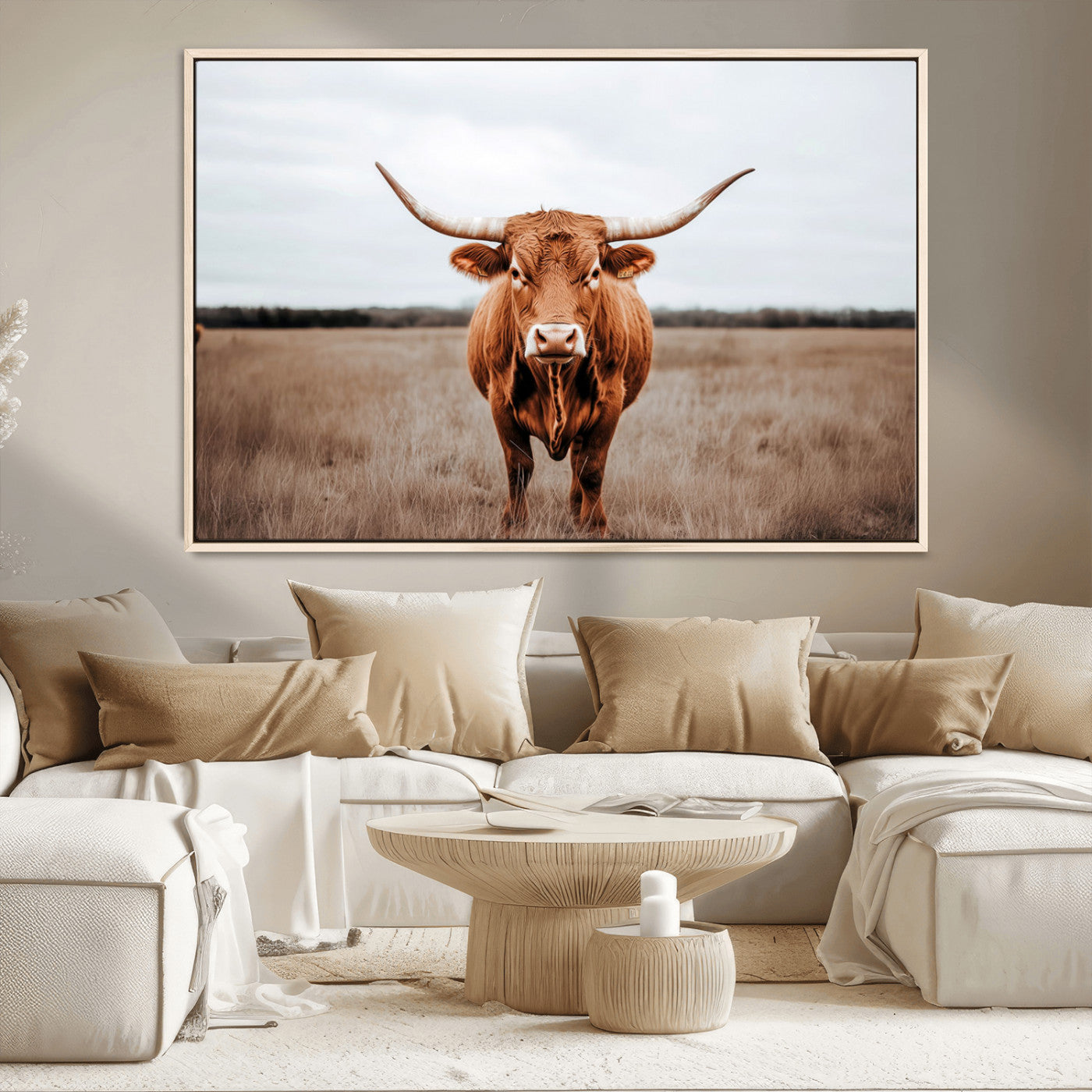 16316734-MGV-FC-36X24 - Longhorn bull, open field, rustic charm, natural beauty, Wall Art Canvas Print, countryside,