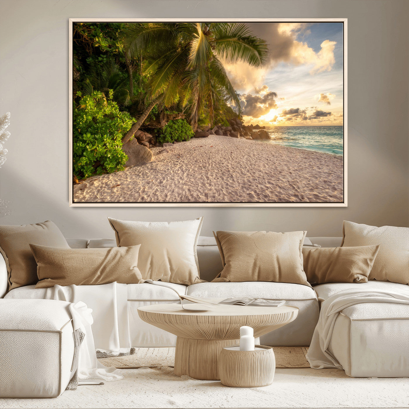 MGV-FC-36X24 - Tropical beach sunset, palm trees, white sand, ocean waves, golden sky, serene landscape, nature