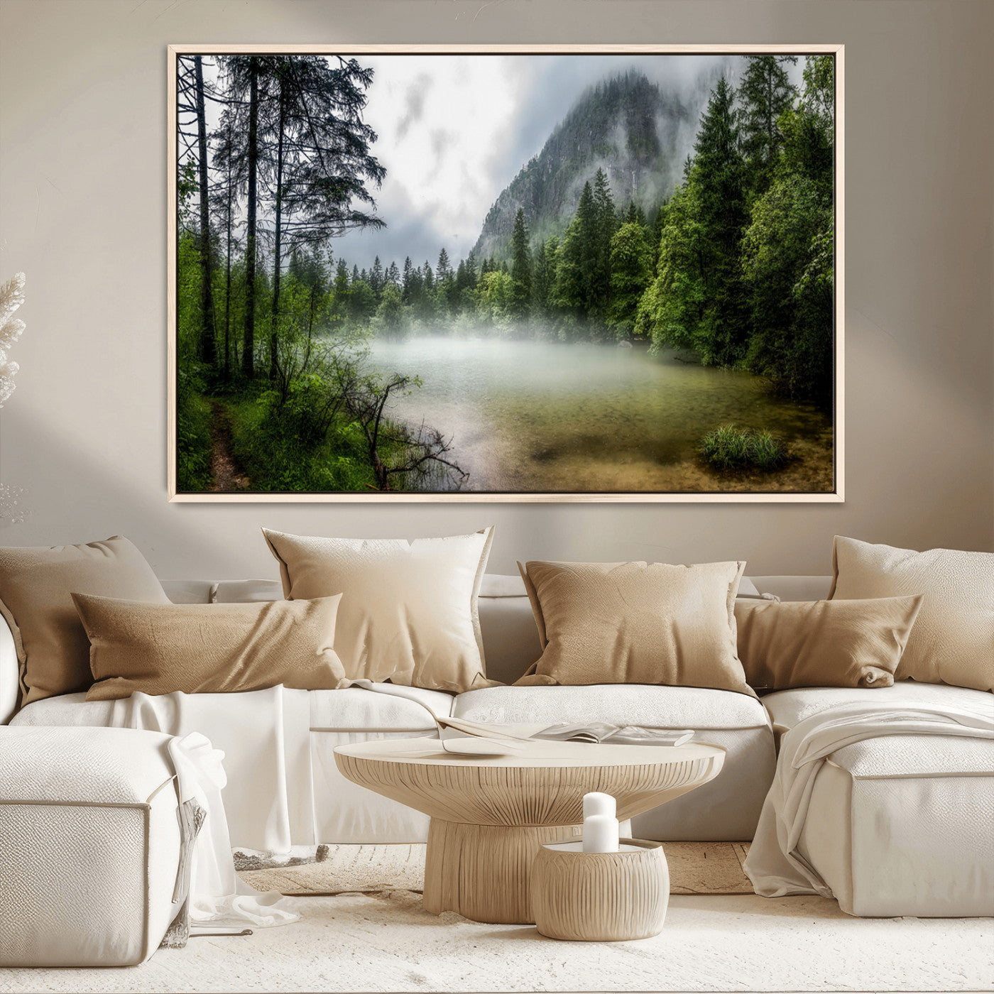 93123937-MGV-CV-36X24-Misty Lake Forest Green Trees Calm Water Reflection Mountain Fog Nature Landscape Outdoor Scenic Beauty Wall Art Canvas Print