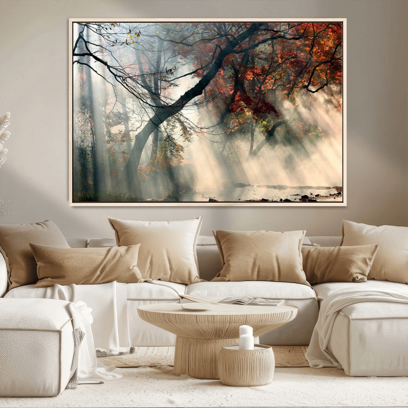 36043878-MGV-CV-36X24-Sunlit Autumn Forest Wall Art Canvas Print – Framed Mist Trees Scene with Peaceful Rays Artwork for Home, Office