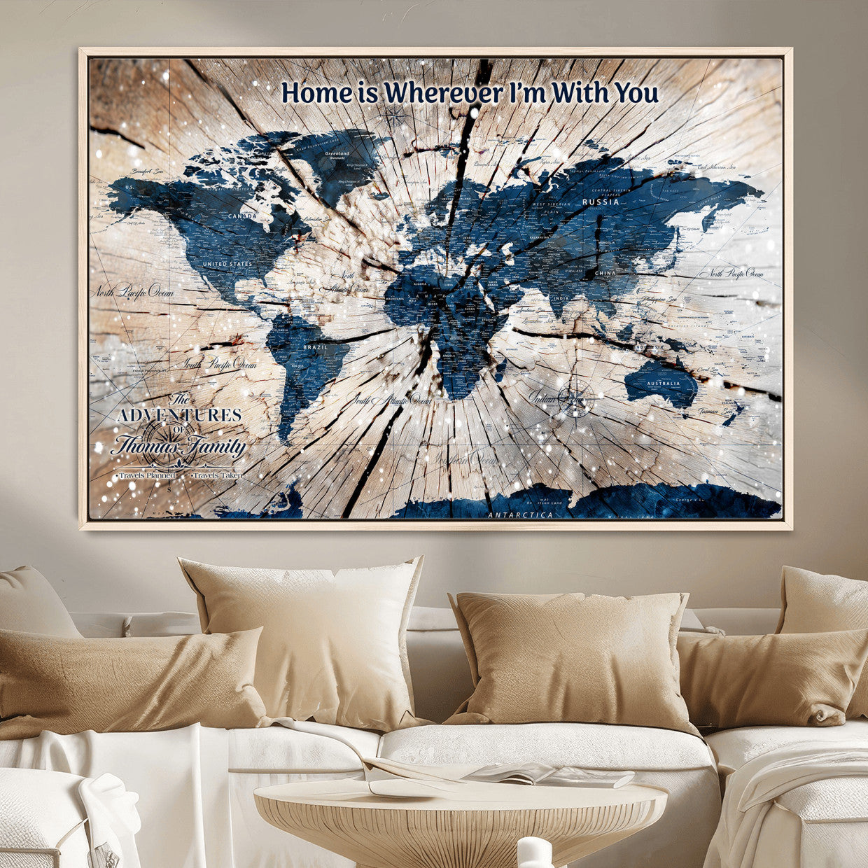 35694194-MGV-FC-36X24 - Personalized World Map Wall Art Canvas Print – Custom Push Pin Travel Map for Couples, Families, or Office Decor