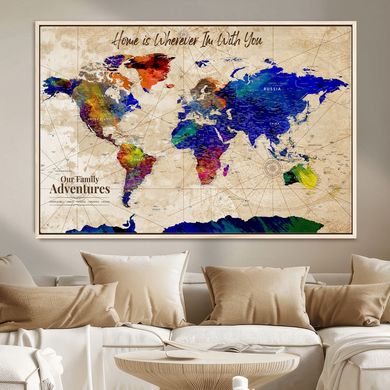 42795268-MGV-FC-36X24 - Personalized Push Pin World Map Canvas Print – Custom Adventure Travel Map, Framed Wall Art Gift for Couples or Family