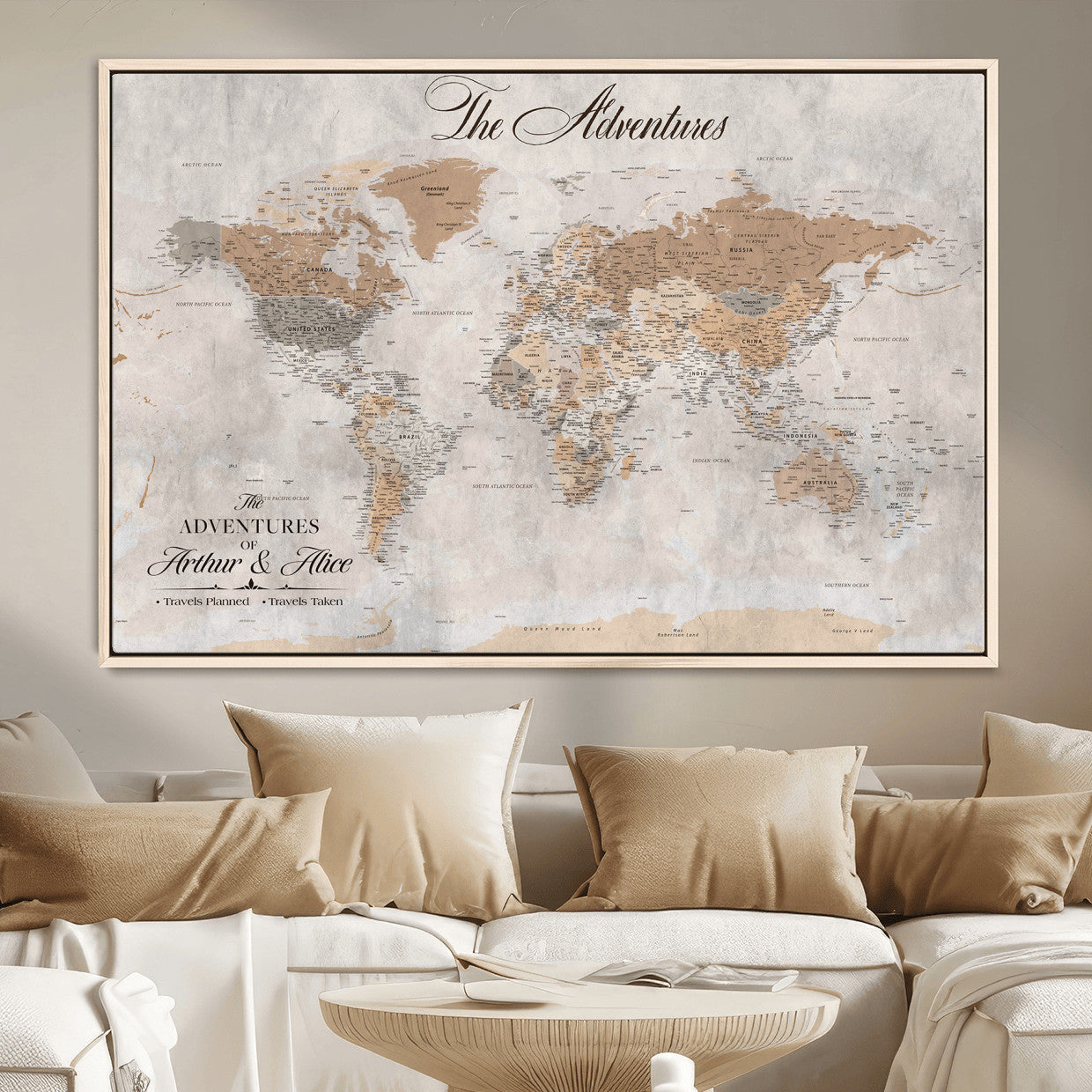 91774967-MGV-FC-36X24 - Personalized Push Pin World Map Canvas Print – Custom Framed Travel Tracker Artwork for Couples or Home Decor