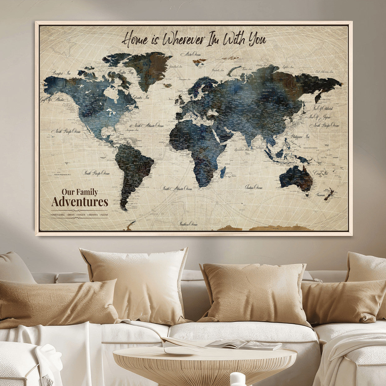 71188227-MGV-FC-36X24 - Personalized World Map Wall Art Canvas Print – Custom Push Pin Travel Map for Couples, Families, or Office Decor