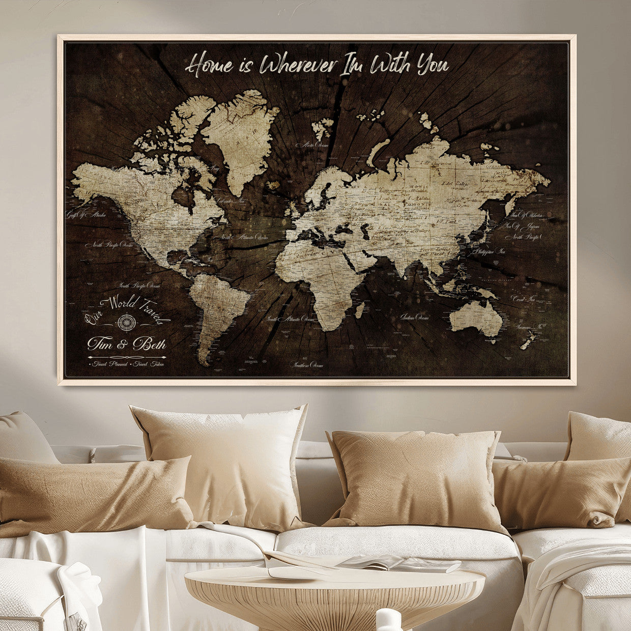 73781397-MGV-FC-36X24 - Personalized World Map Wall Art Canvas Print – Custom Push Pin Travel Map for Couples, Families, or Office Decor