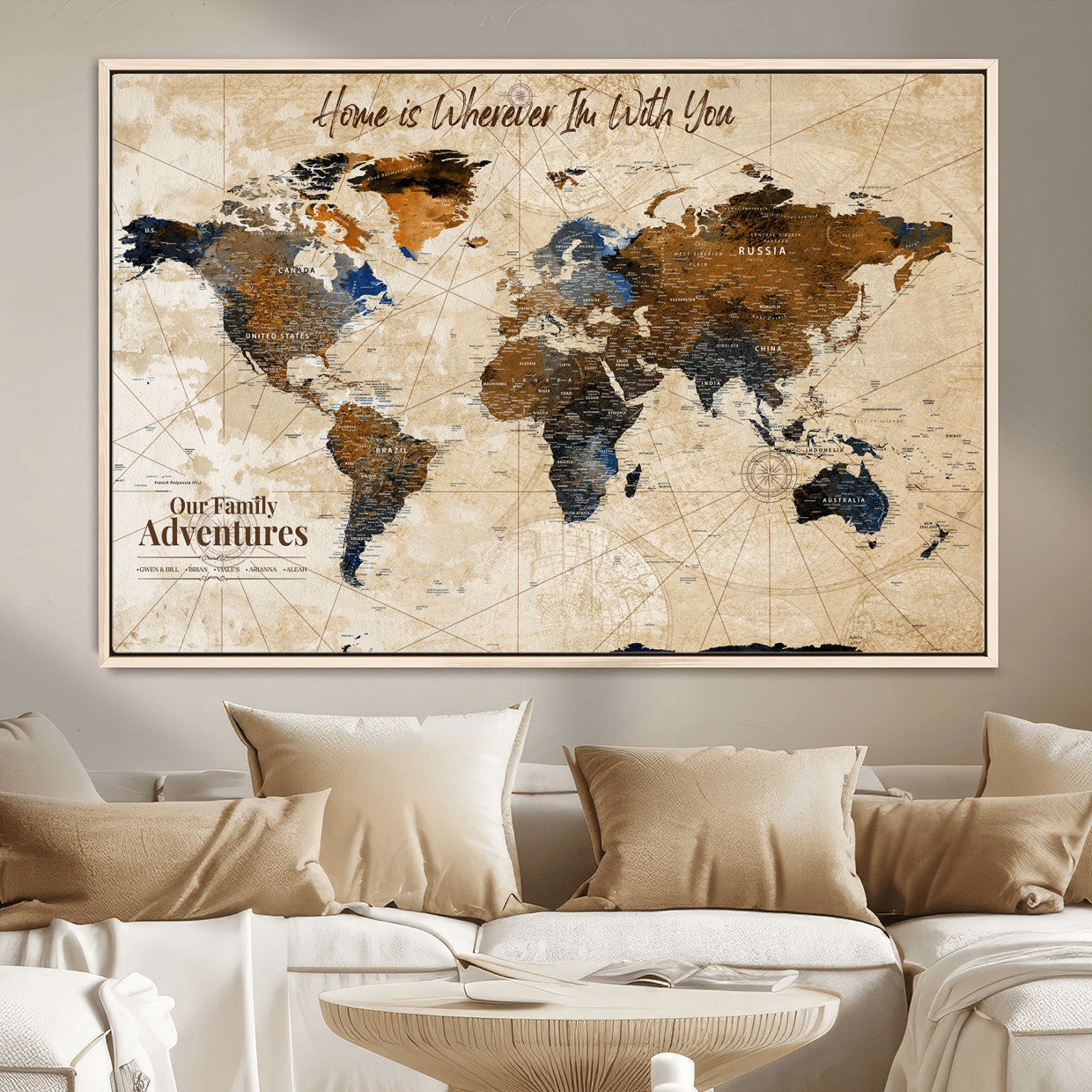 37709027-MGV-FC-36X24 - Customized Push Pin World Map Wall Art Canvas Print with Pins, Vintage Personalized Travel Tracker Map, Framed World Map for Living Room, Office and Home Decor