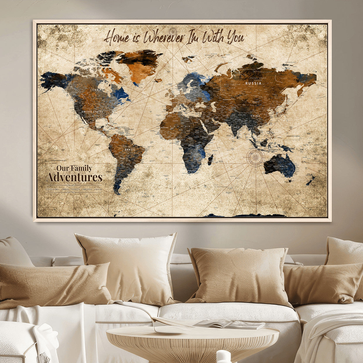 23631534-MGV-FC-36X24 - Customized Push Pin World Map Wall Art Canvas Print with Pins, Personalized Travel Tracker Map, Framed World Map for Living Room, Office and Home Decor