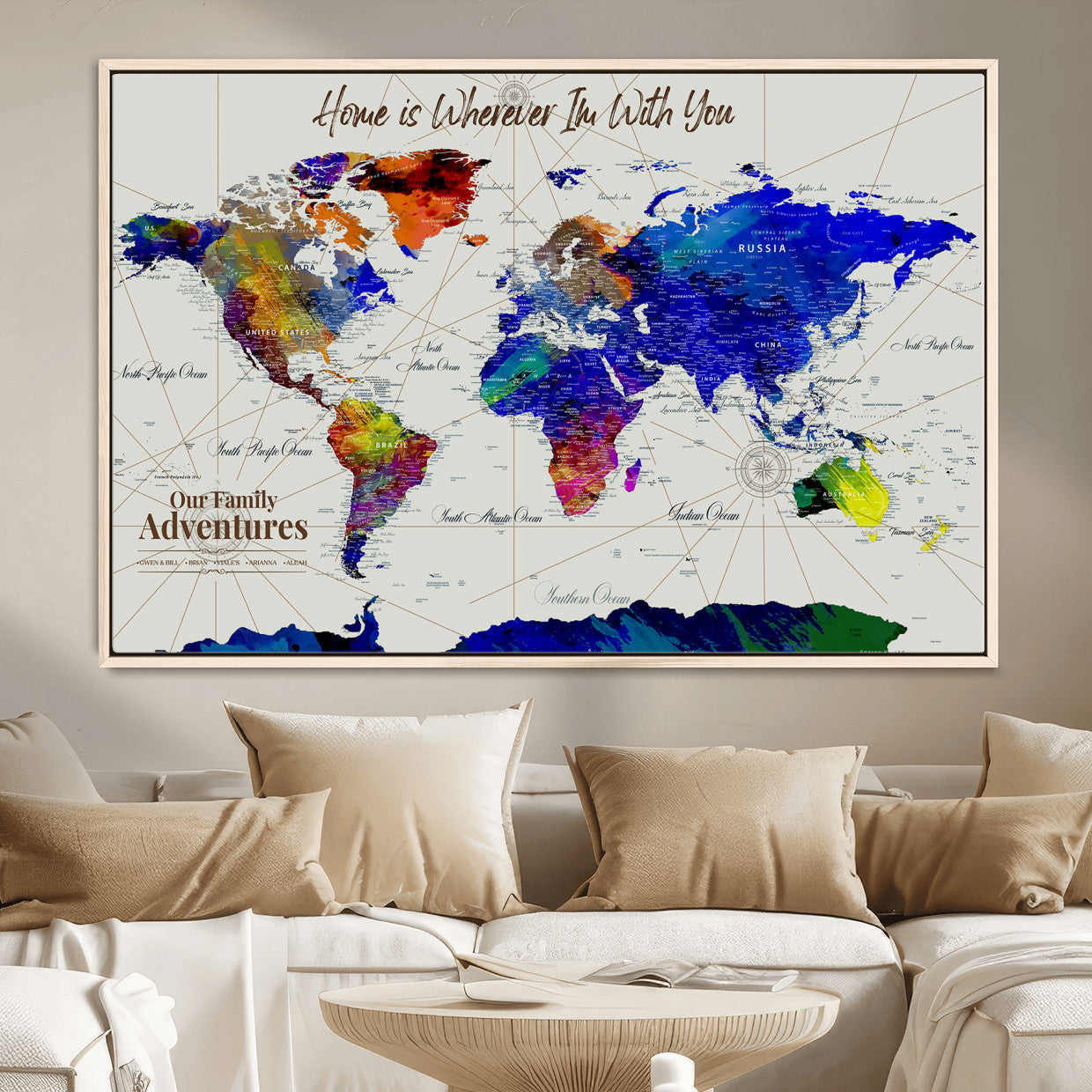 74686301-MGV-FC-36X24 - Customized Push Pin World Map Wall Art Canvas Print with Pins, Personalized Travel Tracker Map, Framed World Map for Living Room, Office and Home Decor